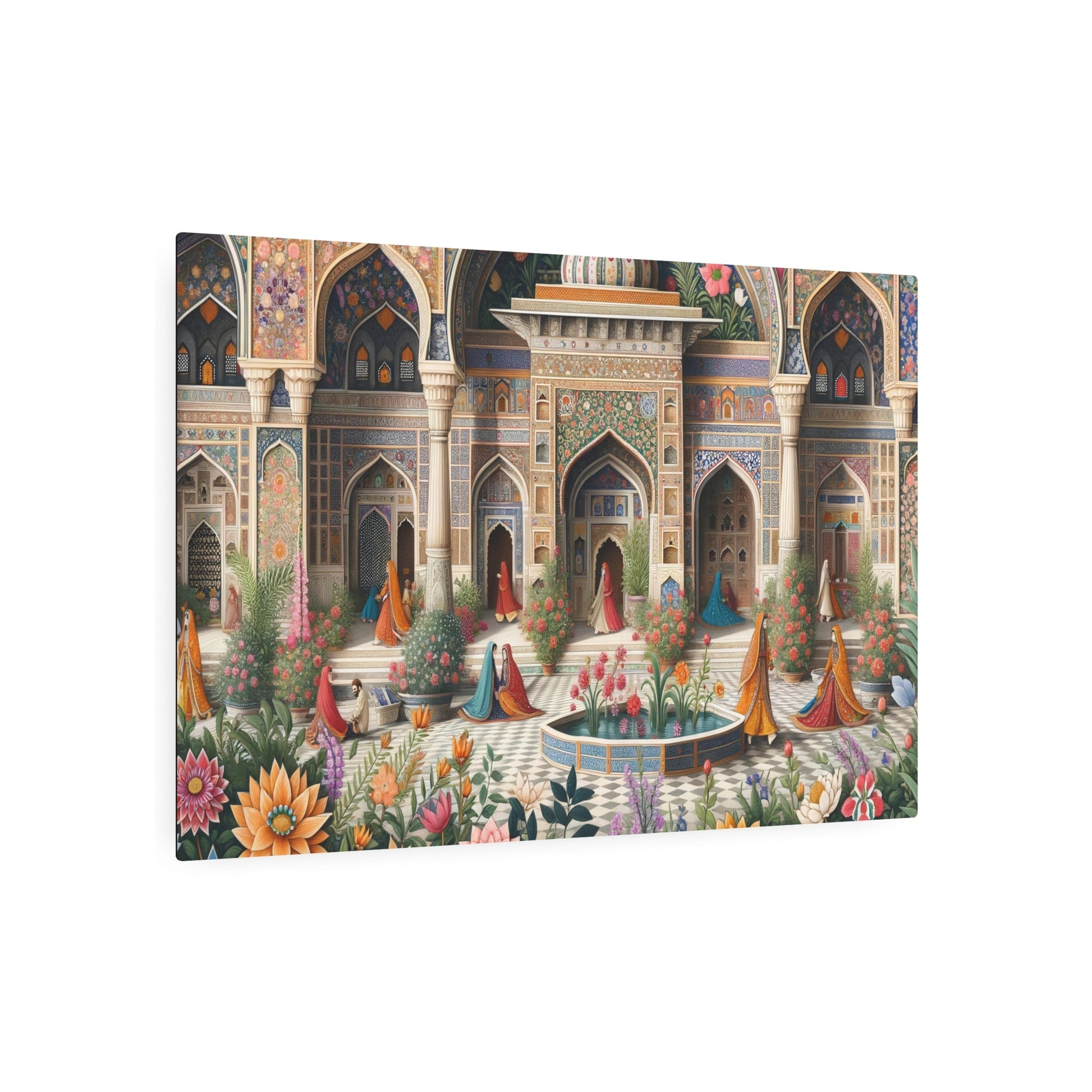 Metal Poster Art | "Mughal Era Masterpiece: Lavish Gardens, Courtyards & Traditional Attire - Intricate South Asian Mughal Miniature Art in - Metal Poster Art 36″ x 24″ (Horizontal) 0.12''