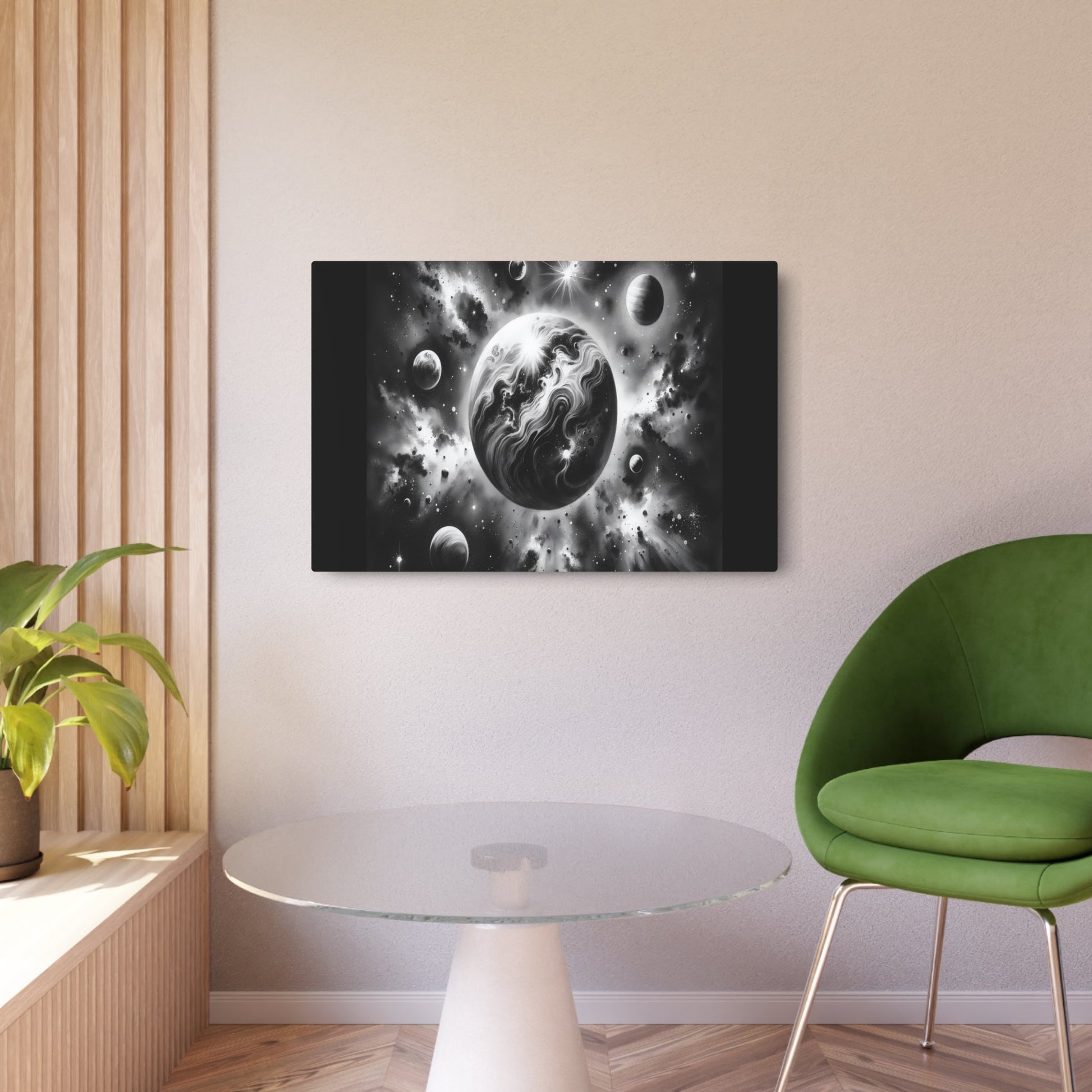 Metal Poster Art | "Sumi - e Japanese Ink Wash Asian Art - Celestial Bodies and Cosmos Interpretation with Light - Shadow Interplay" - Metal Poster Art 36″ x 24″ (Horizontal) 0.12''