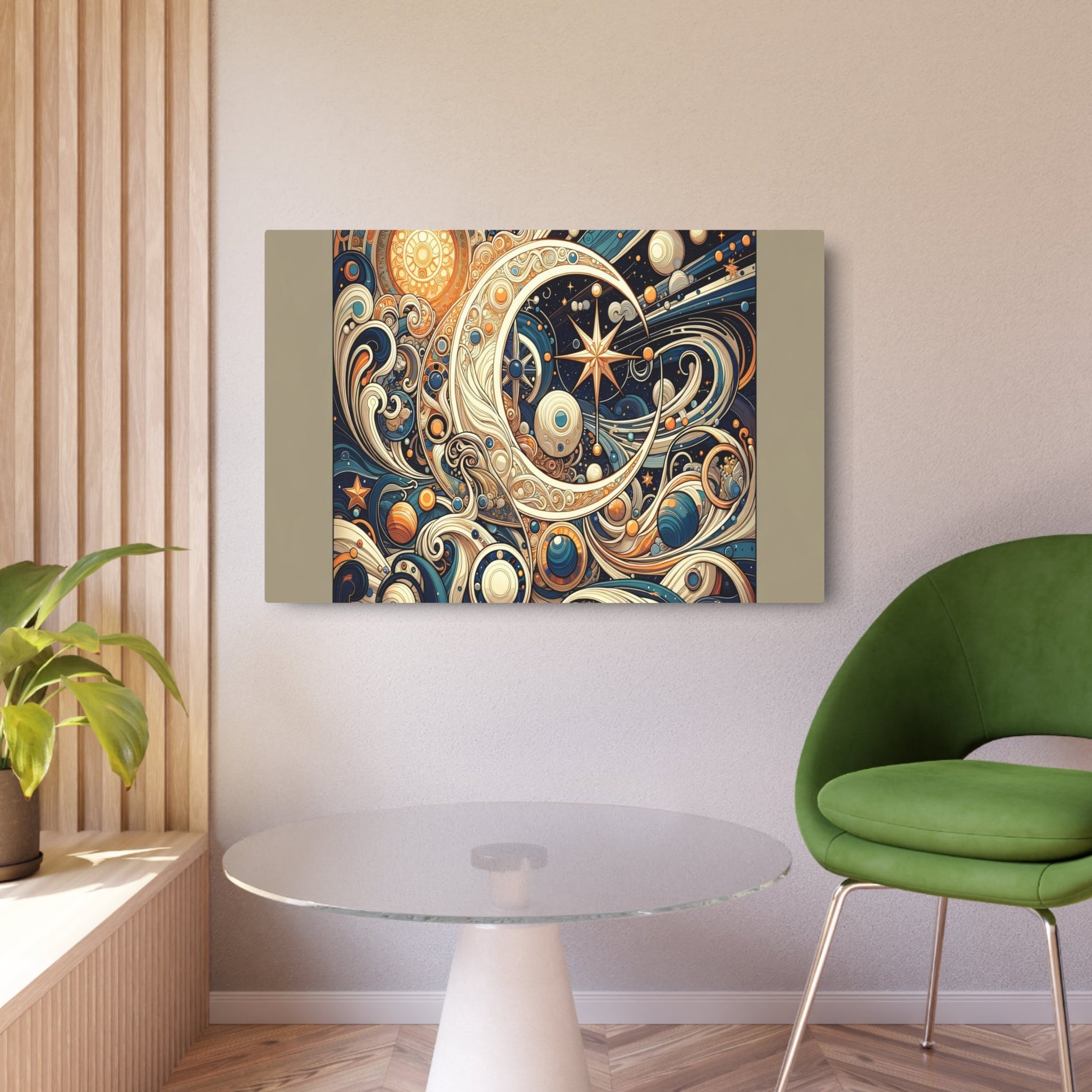 Metal Poster Art | "Art Nouveau Celestial Body Themed Illustration - Vibrant Western Art Style with Crescent Moons, Stars, Planets and Comets in - Metal Poster Art 36″ x 24″ (Horizontal) 0.12''