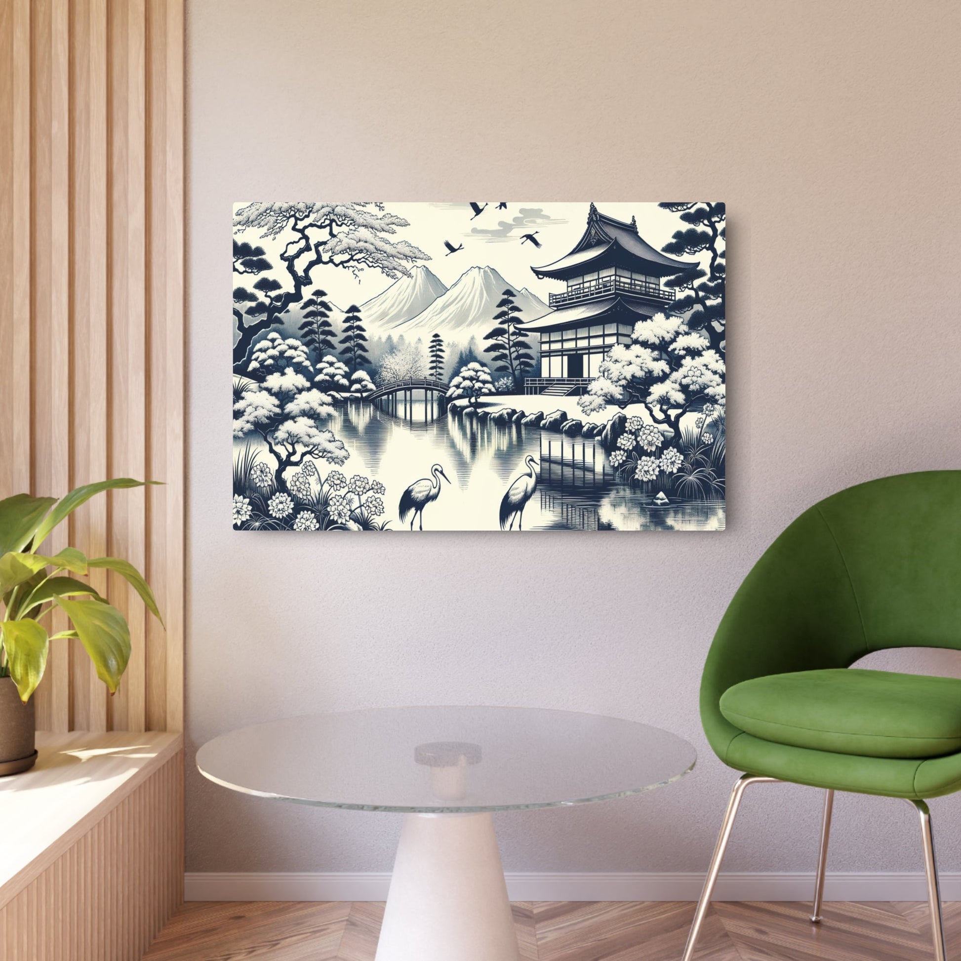 Metal Poster Art | "Kano School Inspired Asian Art: Serene Japanese Landscape with Cherry Blossom Trees, Tranquil Pond, and Elegant Cranes - Monochromatic - Metal Poster Art 36″ x 24″ (Horizontal) 0.12''