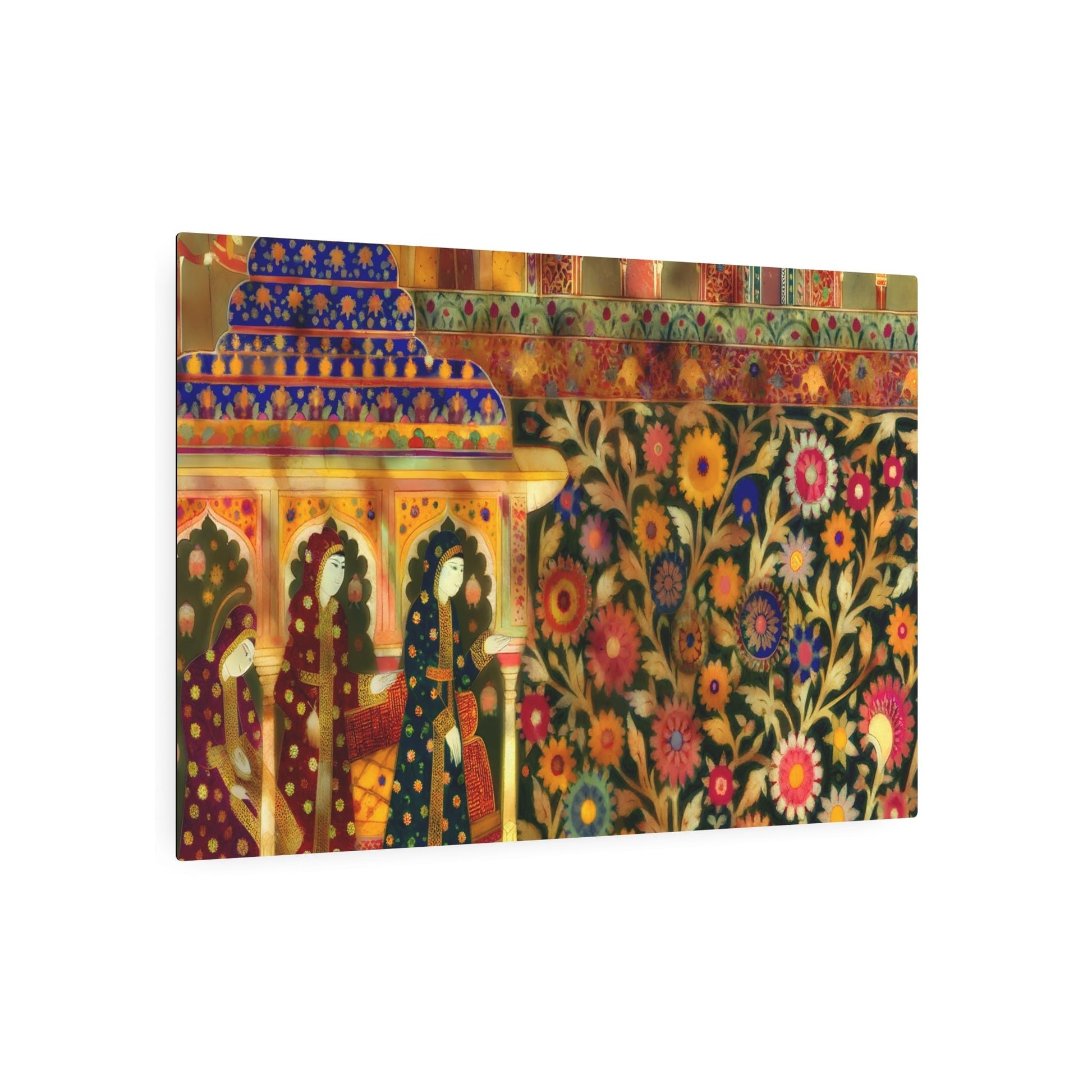 Metal Poster Art | "Mughal Miniature Painting in Vibrant Colors - Intricate South Asian Art with Floral Motifs, Detailed Architecture and Traditional Mughal Attire - Metal Poster Art 36″ x 24″ (Horizontal) 0.12''