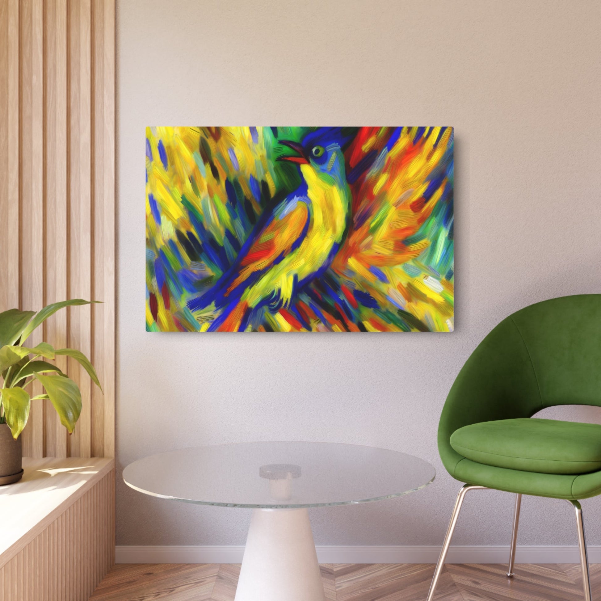 Metal Poster Art | "Expressionism Western Art Style - Vibrant Bird Scene with Intense Colors and Overstated Strokes" - Metal Poster Art 36″ x 24″ (Horizontal) 0.12''
