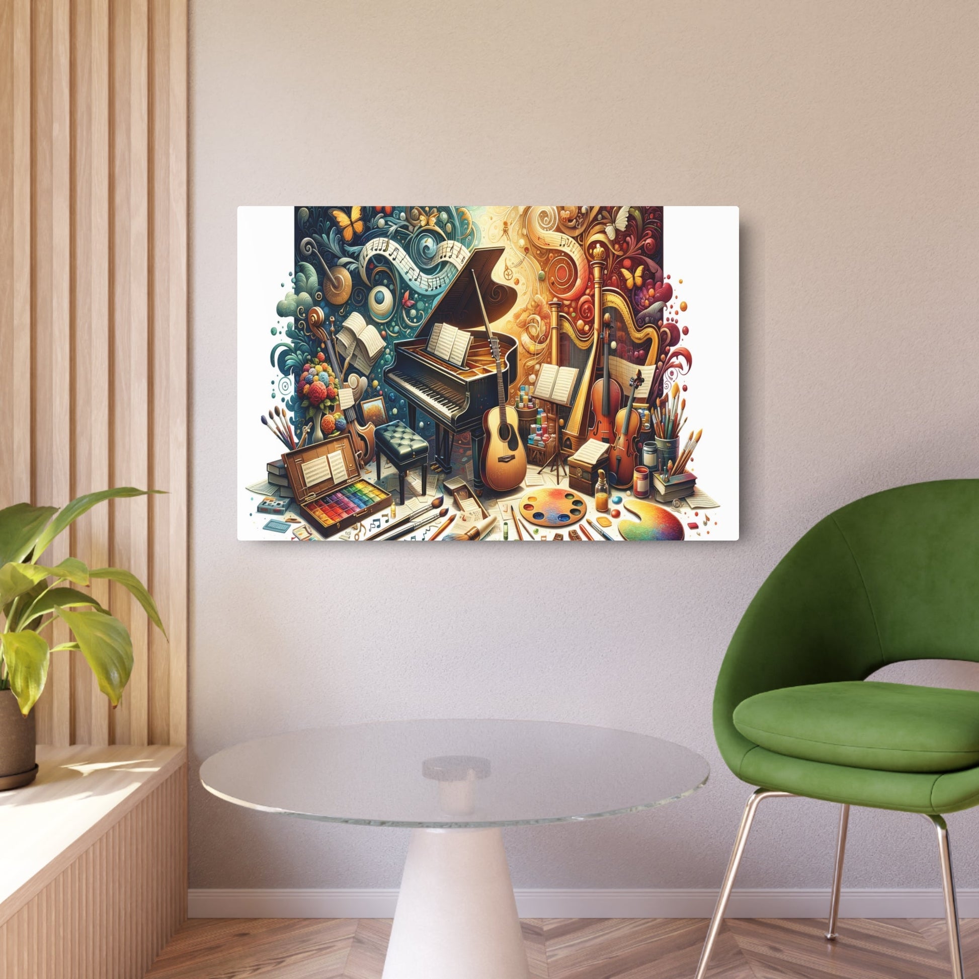 Metal Poster Art | "Passionate Symphony: Realistic Western Art Depicting Vibrant Music and Art Scene with Piano, Guitar, Violin and Paint Tools" - Metal Poster Art 36″ x 24″ (Horizontal) 0.12''