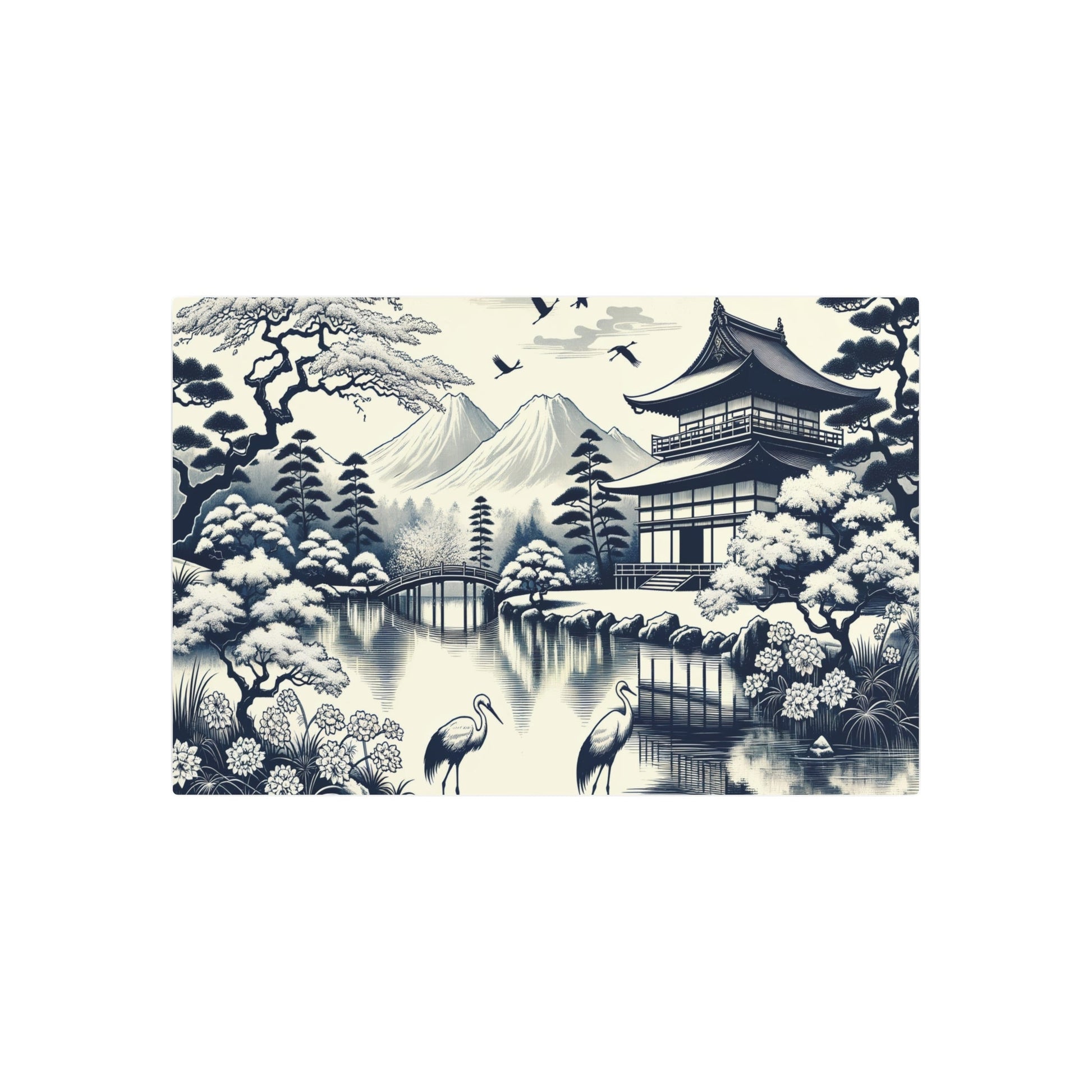 Metal Poster Art | "Kano School Inspired Asian Art: Serene Japanese Landscape with Cherry Blossom Trees, Tranquil Pond, and Elegant Cranes - Monochromatic - Metal Poster Art 36″ x 24″ (Horizontal) 0.12''