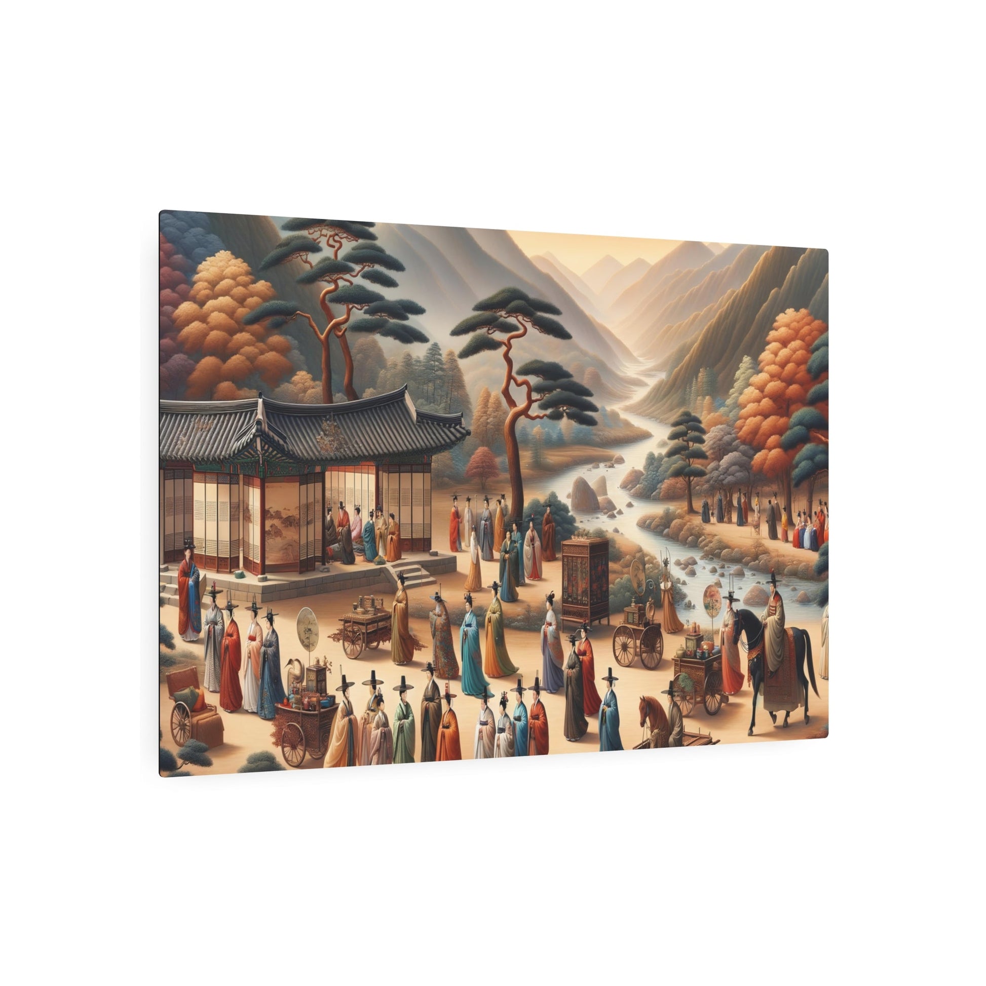 Metal Poster Art | "Joseon Dynasty - Inspired Traditional Korean Landscape Painting with Cultural Elements - Asian Art Styles, Subcategory: Joseon Dynasty Paintings (Korean - Metal Poster Art 36″ x 24″ (Horizontal) 0.12''