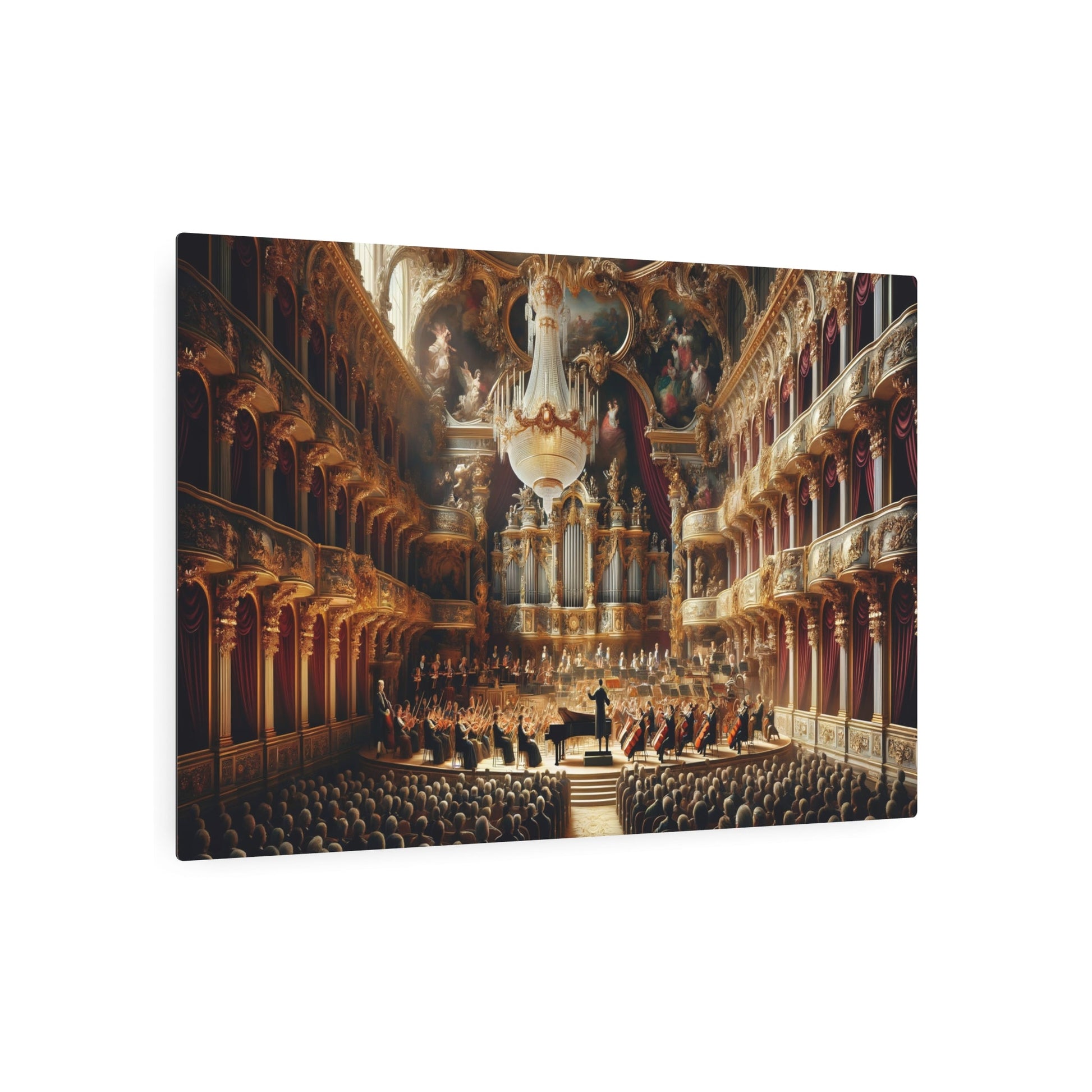 Metal Poster Art | "Baroque Style Concert Hall Scene with Classical Orchestra and Grand Piano - Western Art Styles, Baroque Sub - category" - Metal Poster Art 36″ x 24″ (Horizontal) 0.12''