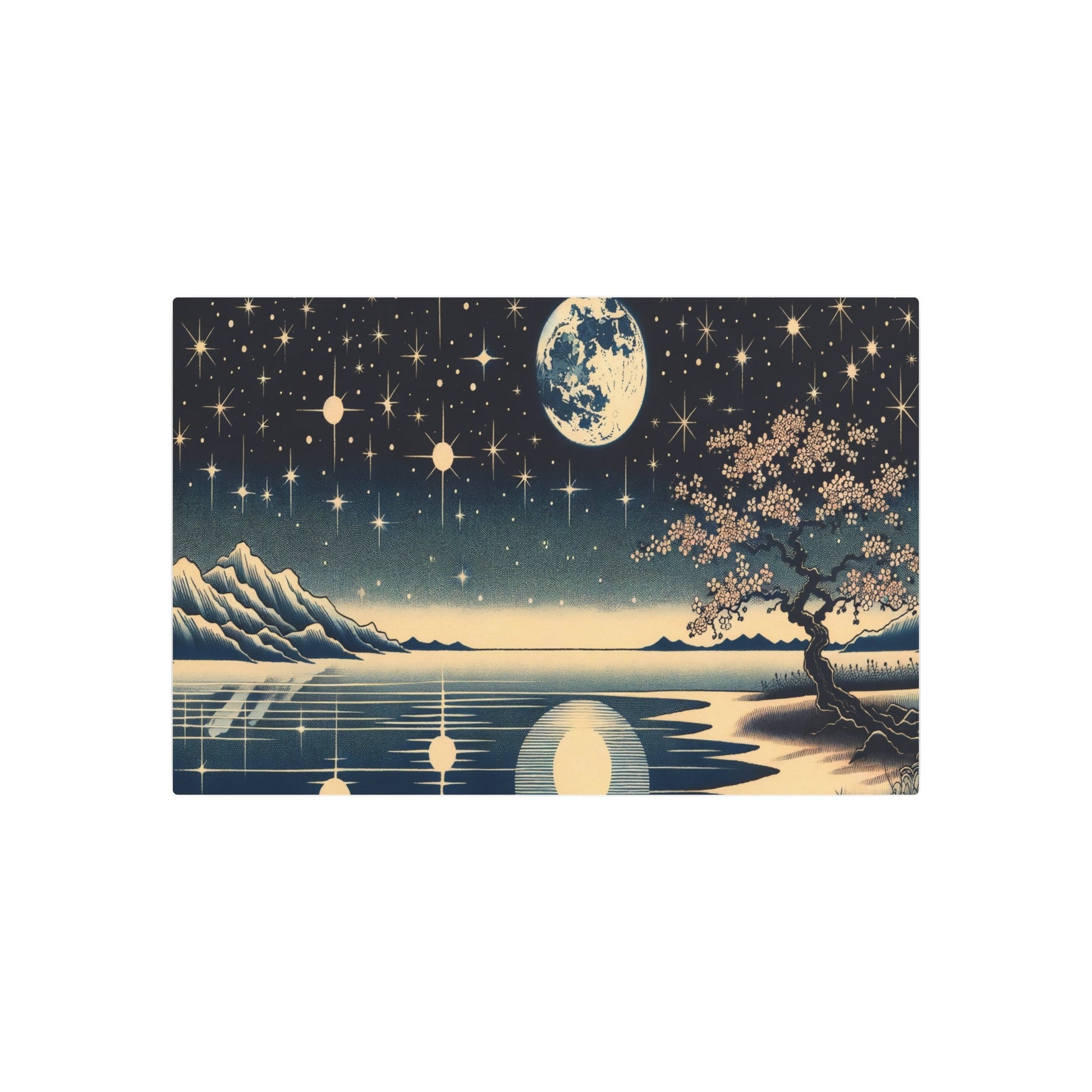 Metal Poster Art | "Kano School Style Japanese Art: Minimalist Celestial Night Sky with Moon, Stars, Cherry Blossom Tree - Asian Art Styles Collection" - Metal Poster Art 36″ x 24″ (Horizontal) 0.12''