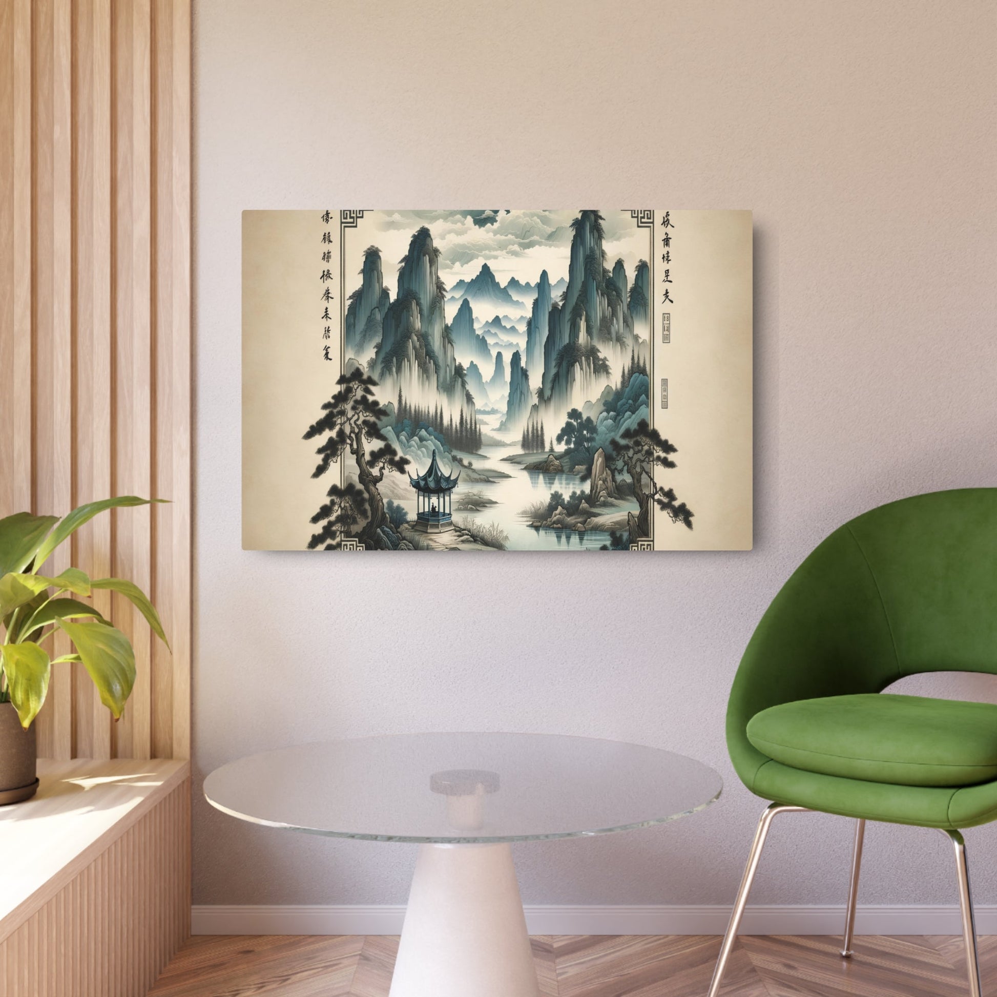 Metal Poster Art | "Traditional Chinese Landscape Artwork - Handmade Asian Art Style Painting with Mountains, Rivers, Trees and Pavilion" - Metal Poster Art 36″ x 24″ (Horizontal) 0.12''