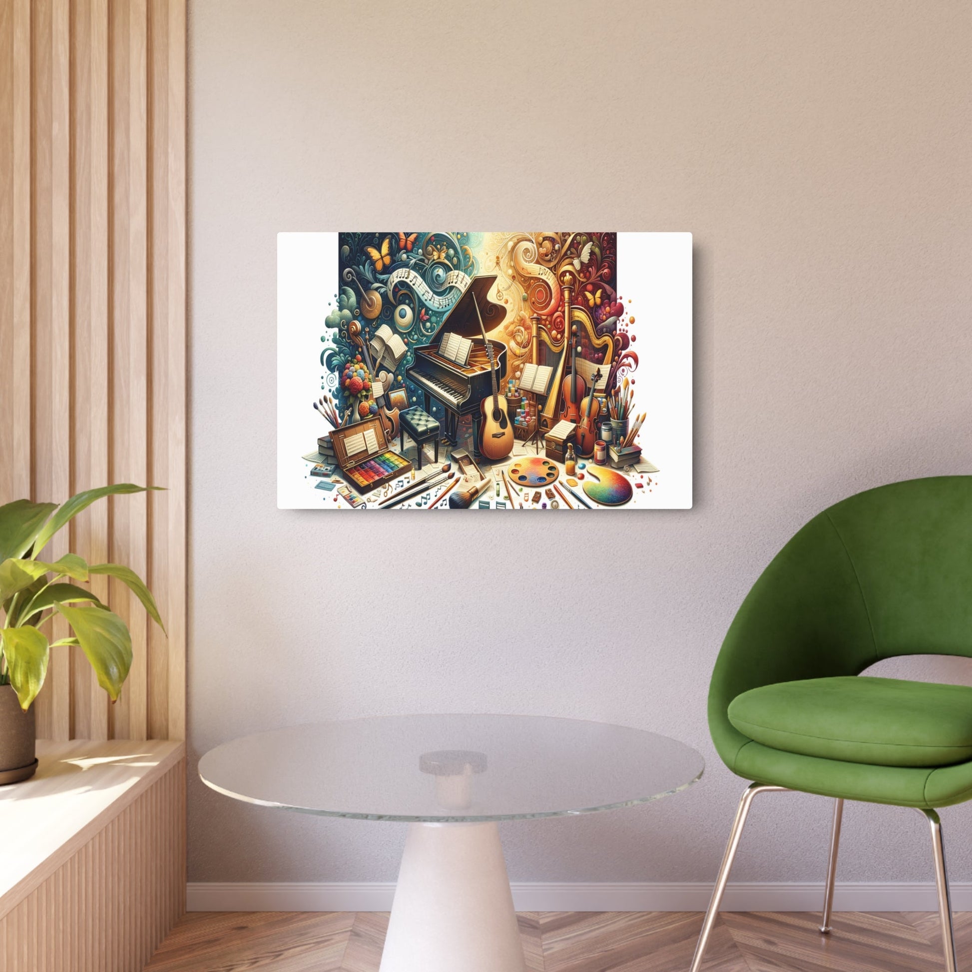 Metal Poster Art | "Passionate Symphony: Realistic Western Art Depicting Vibrant Music and Art Scene with Piano, Guitar, Violin and Paint Tools" - Metal Poster Art 36″ x 24″ (Horizontal) 0.12''