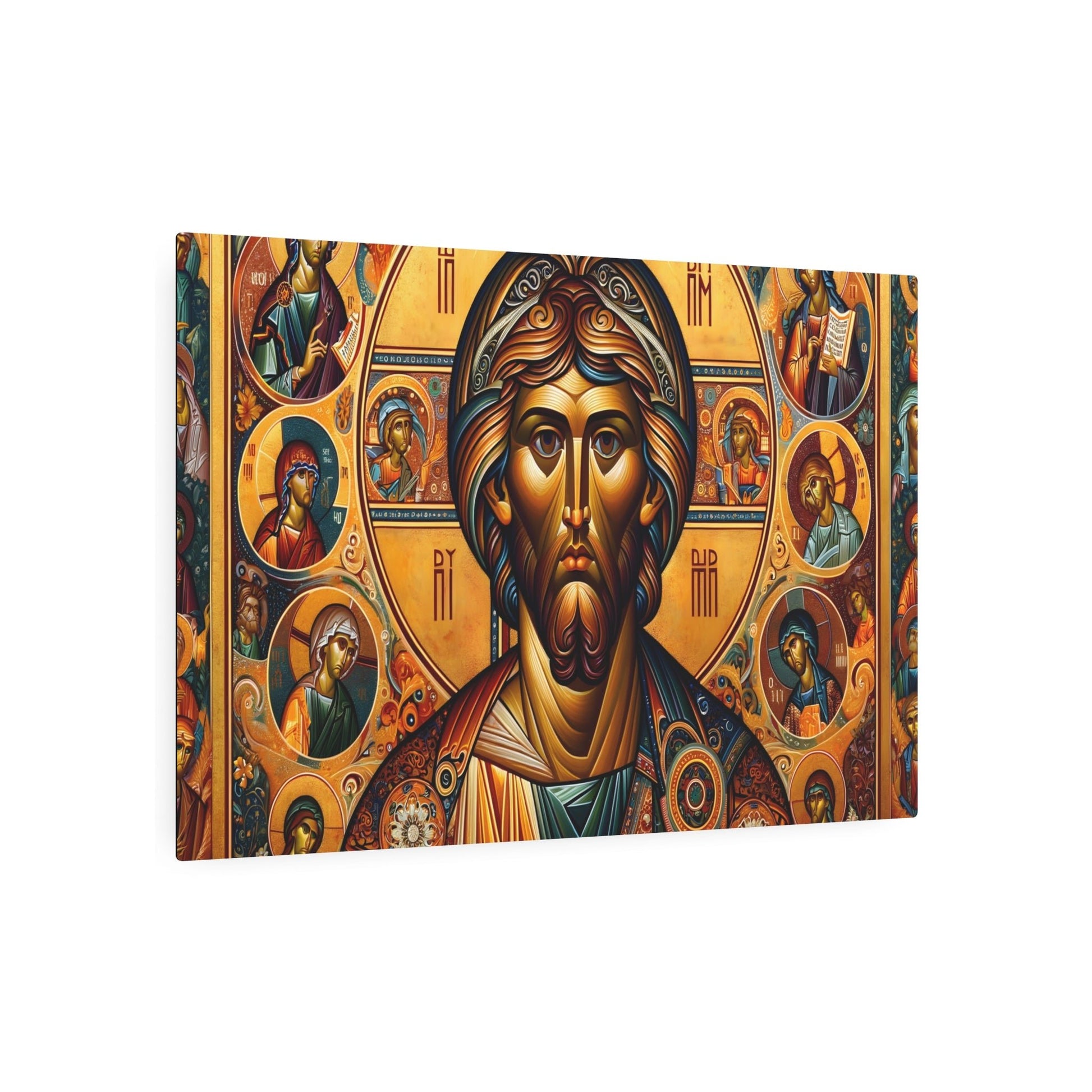 Metal Poster Art | "Richly Colored Byzantine Art Style Image: Flat Stylized Figures with Long Noses, Large Eyes in Vibrant Gold - Non - West - Metal Poster Art 36″ x 24″ (Horizontal) 0.12''