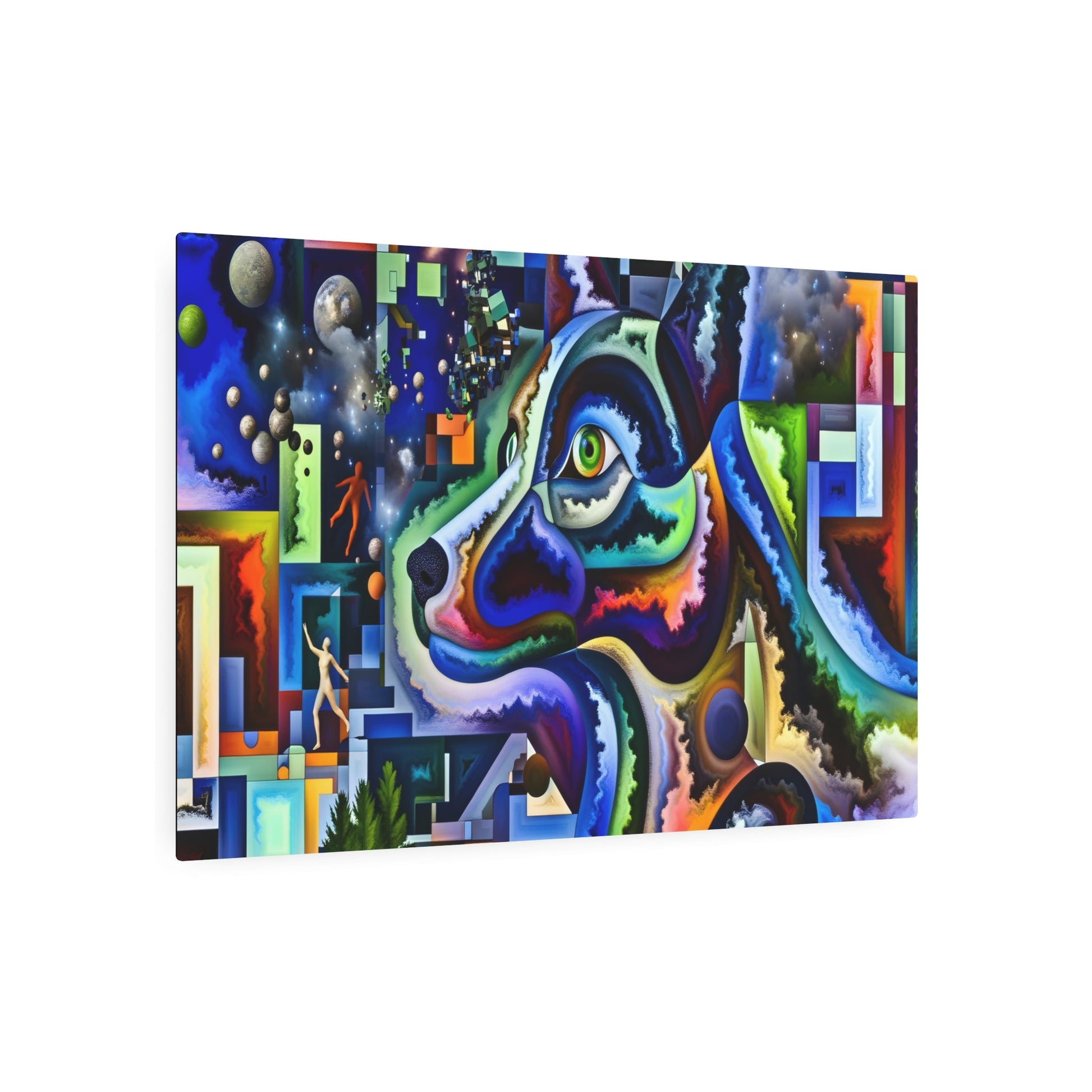 Metal Poster Art | "Modern Contemporary Surrealism Art - Cosmic Canine Portrait with Abstract Cityscape and Forest Transformation, Bold Contrasting Colors & Floating Elements" - Metal Poster Art 36″ x 24″ (Horizontal) 0.12''