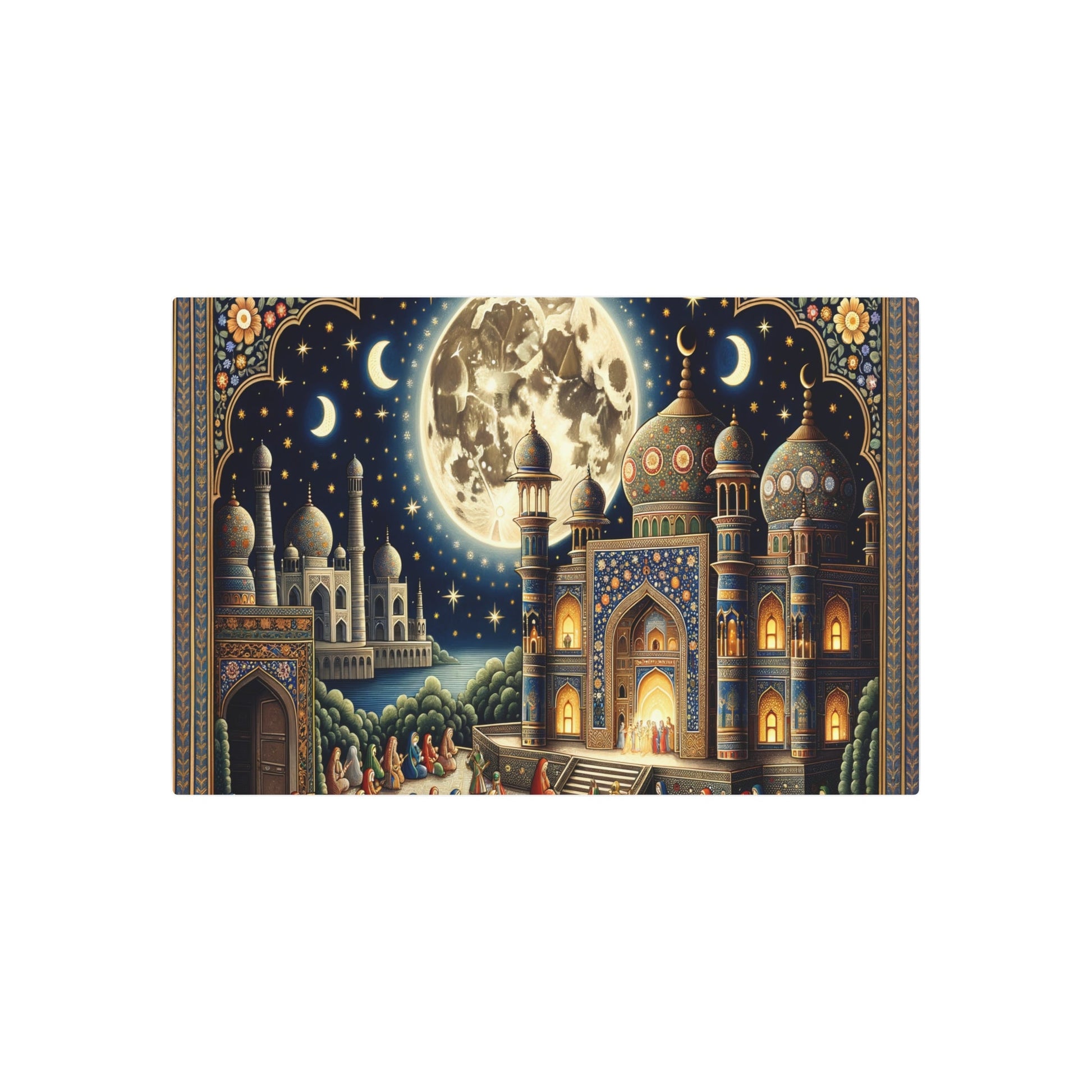 Metal Poster Art | "Mughal Miniature Art Inspired by Celestial Body Theme: A Full Moon Starry Night Sky, Royal Mughal Festivities in Golden - D - Metal Poster Art 36″ x 24″ (Horizontal) 0.12''