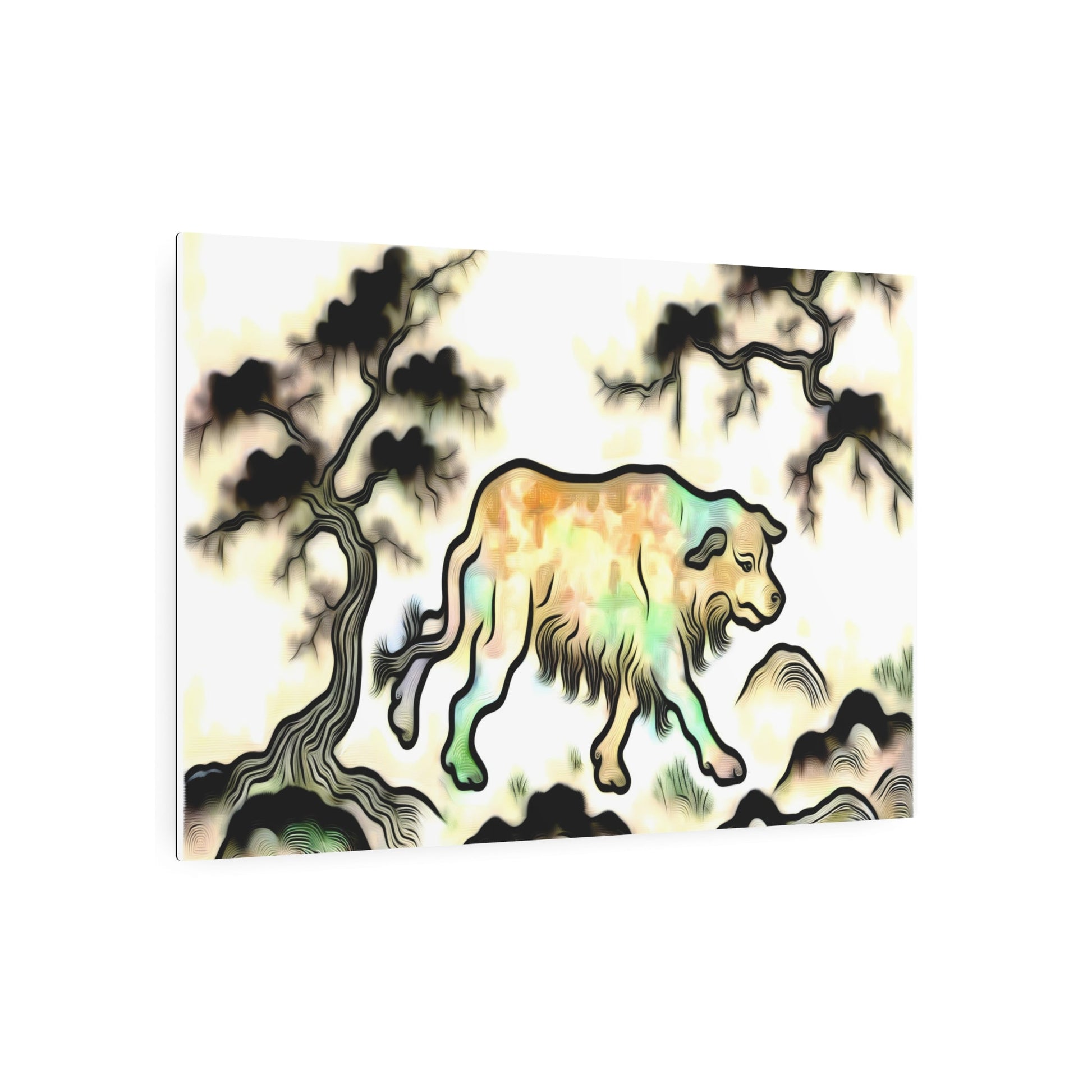 Metal Poster Art | "Traditional Chinese Silk Painting Artwork - Serene Dog Scene in Asian Art Styles" - Metal Poster Art 36″ x 24″ (Horizontal) 0.12''