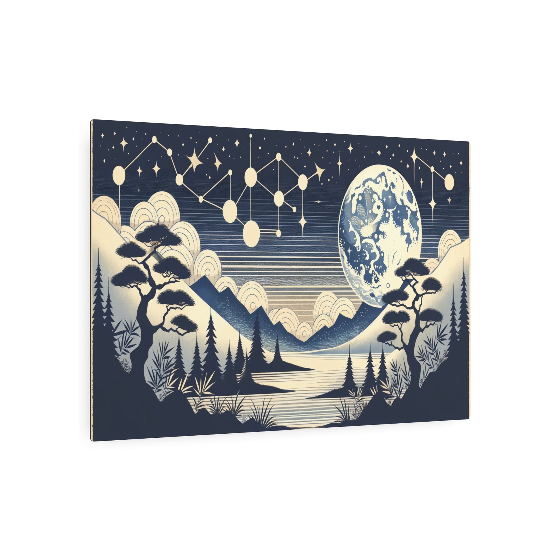 Metal Poster Art | "Kano School Japanese Art Style: Celestial Body Scene with Serene Moonlight and Vibrant Constellation - Asian Art Incorporating Traditional Bold Out - Metal Poster Art 36″ x 24″ (Horizontal) 0.12''