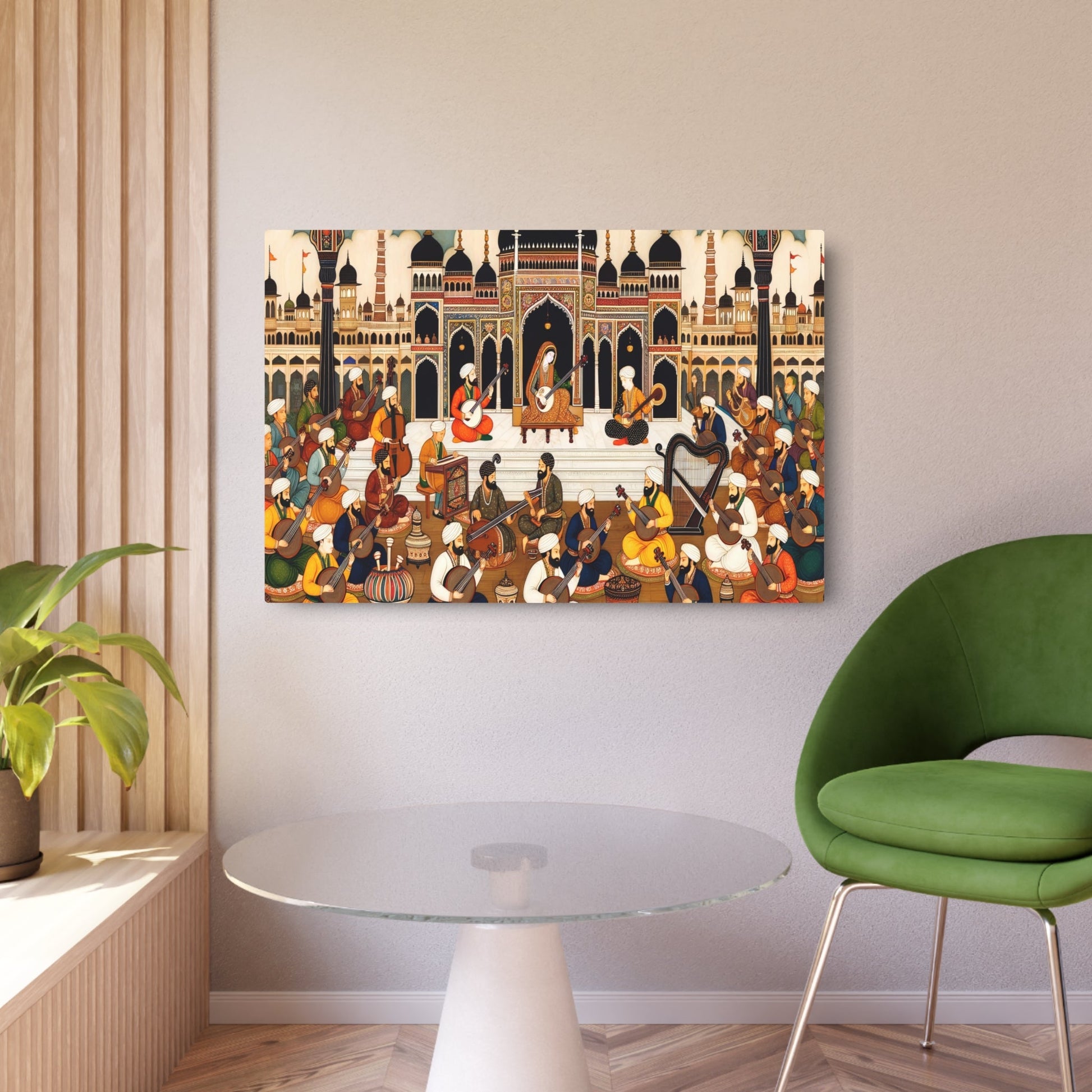 Metal Poster Art | "Mughal Miniature Style Art of Musicians Playing Traditional South Asian Instruments - Richly Colored and Intricately Detailed Non - Western Global Art - Metal Poster Art 36″ x 24″ (Horizontal) 0.12''