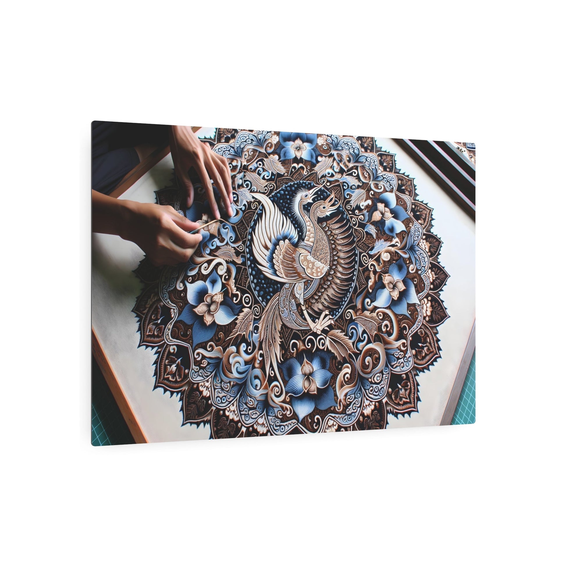 Metal Poster Art | "Indonesian Batik - Inspired Intricate Artwork with Traditional Symbols in Deep Indigo and Brown - Non - Western & Global Styles Art - Metal Poster Art 36″ x 24″ (Horizontal) 0.12''