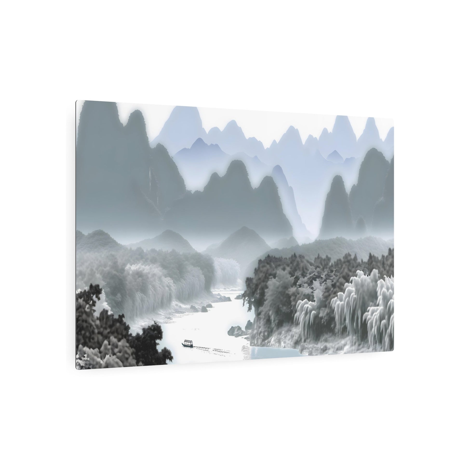 Metal Poster Art | "Traditional Chinese Landscape Painting with Mountains, Rivers, Trees & Small Boat - Asian Art Styles Collection" - Metal Poster Art 36″ x 24″ (Horizontal) 0.12''