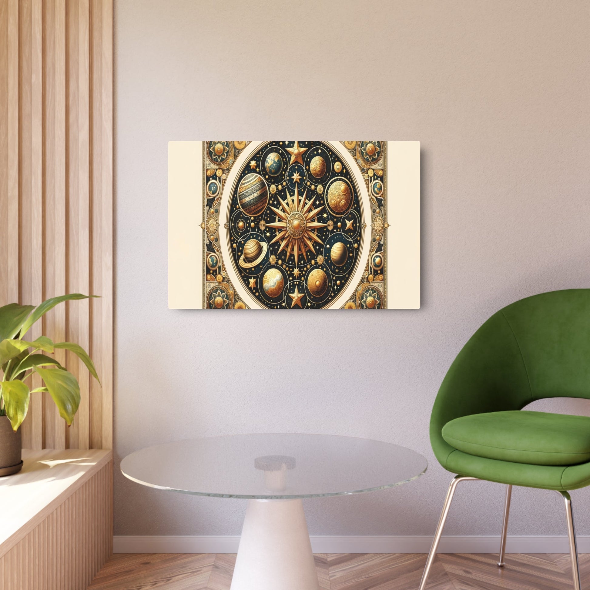 Metal Poster Art | "Byzantine - Style Celestial Body Art Piece with Gold Stars and Intricate Planetary Details - Non - Western & Global Art Styles" - Metal Poster Art 36″ x 24″ (Horizontal) 0.12''