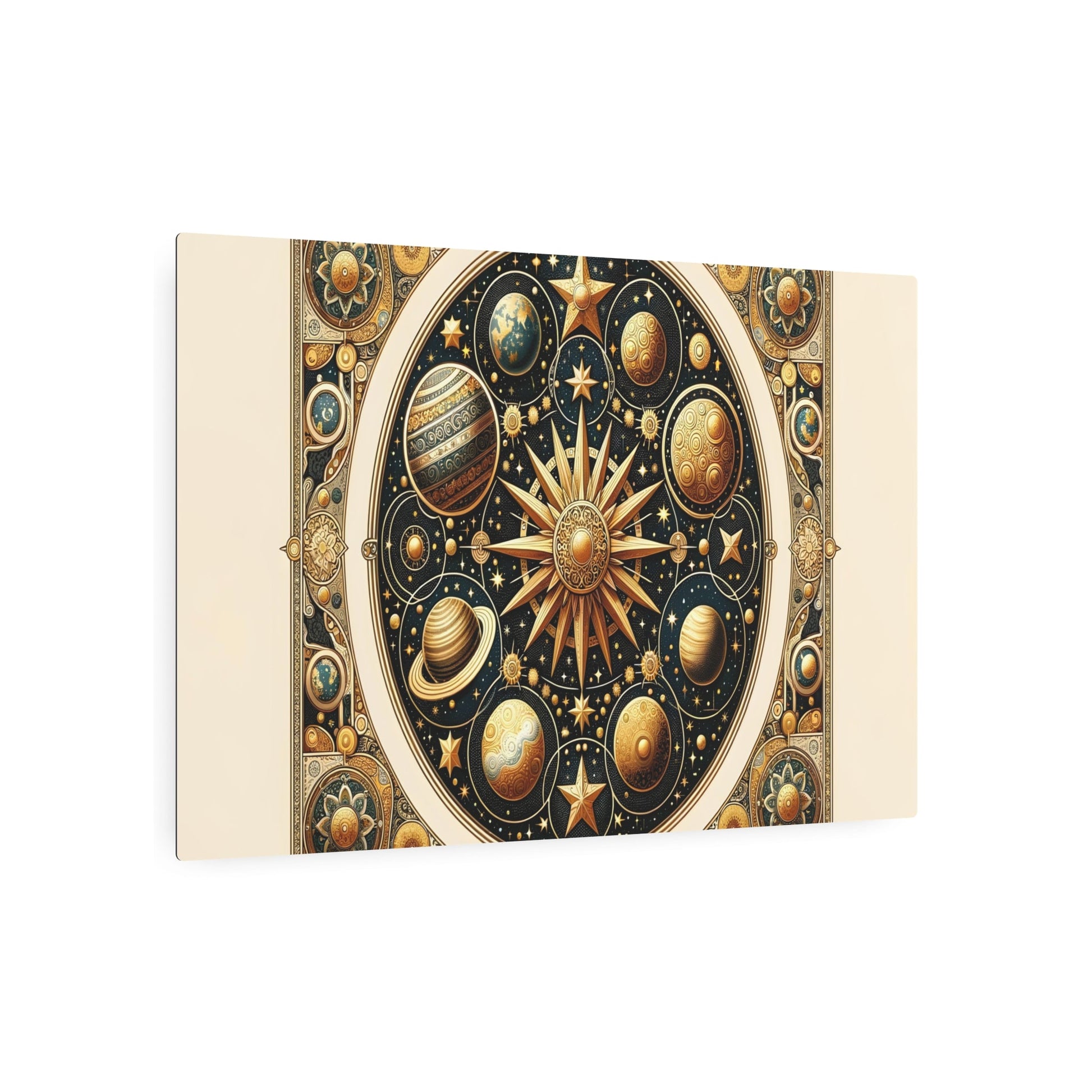 Metal Poster Art | "Byzantine - Style Celestial Body Art Piece with Gold Stars and Intricate Planetary Details - Non - Western & Global Art Styles" - Metal Poster Art 36″ x 24″ (Horizontal) 0.12''