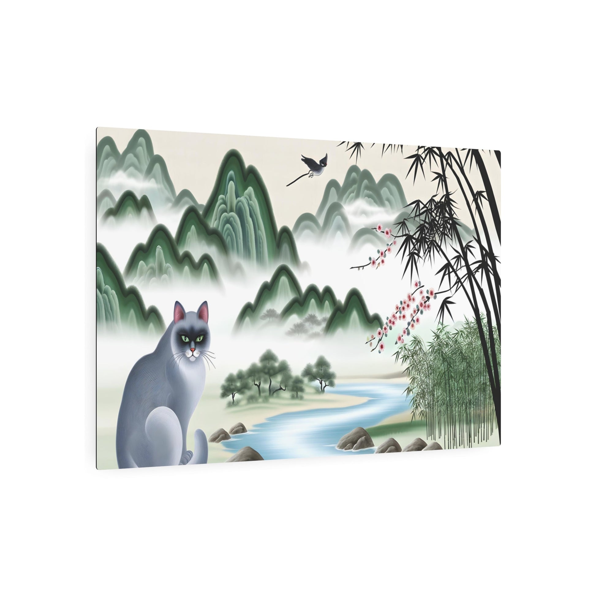 Metal Poster Art | "Traditional Chinese Landscape Artwork with Graceful Cat, Misty Mountains, Flowing River and Cherry Blossoms - Serene Asian Art Styles in the - Metal Poster Art 36″ x 24″ (Horizontal) 0.12''