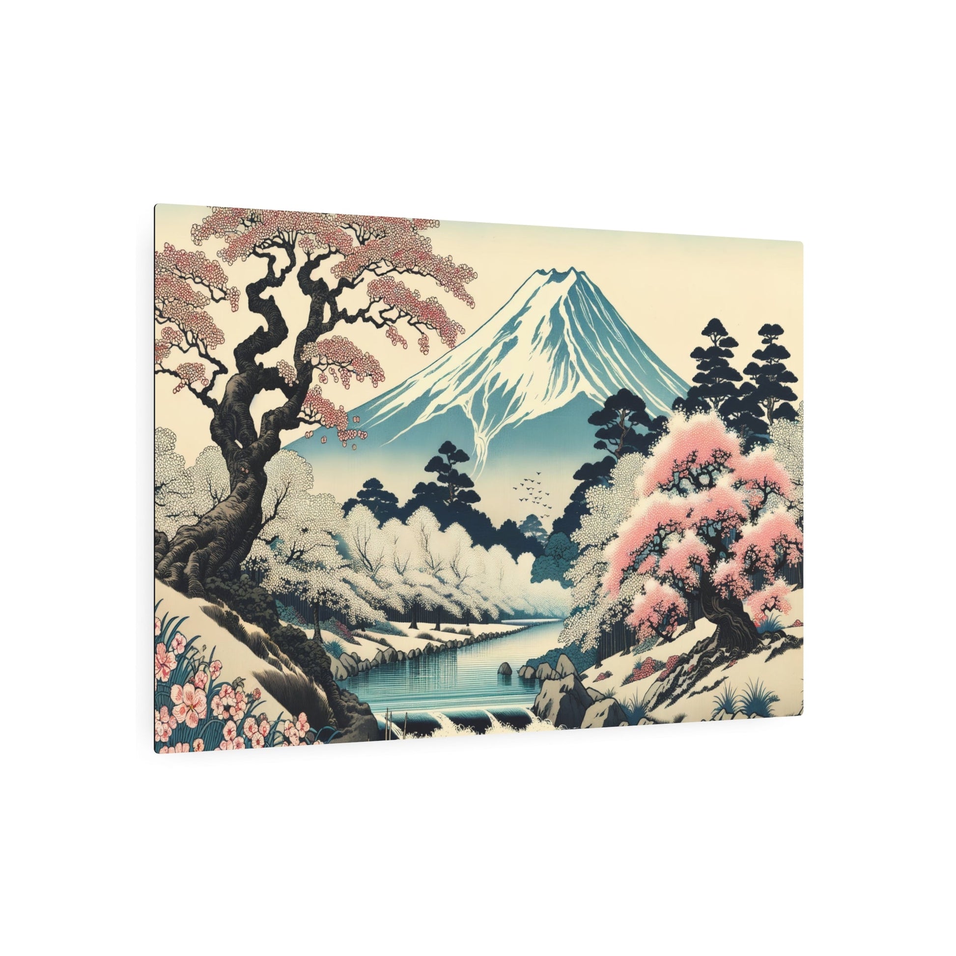 Metal Poster Art | "Traditional Ukiyo - e Japanese Art Print - Tranquil Cherry Blossom River Scene with Snow - capped Mount Fuji - Asian Art Styles Collection" - Metal Poster Art 36″ x 24″ (Horizontal) 0.12''