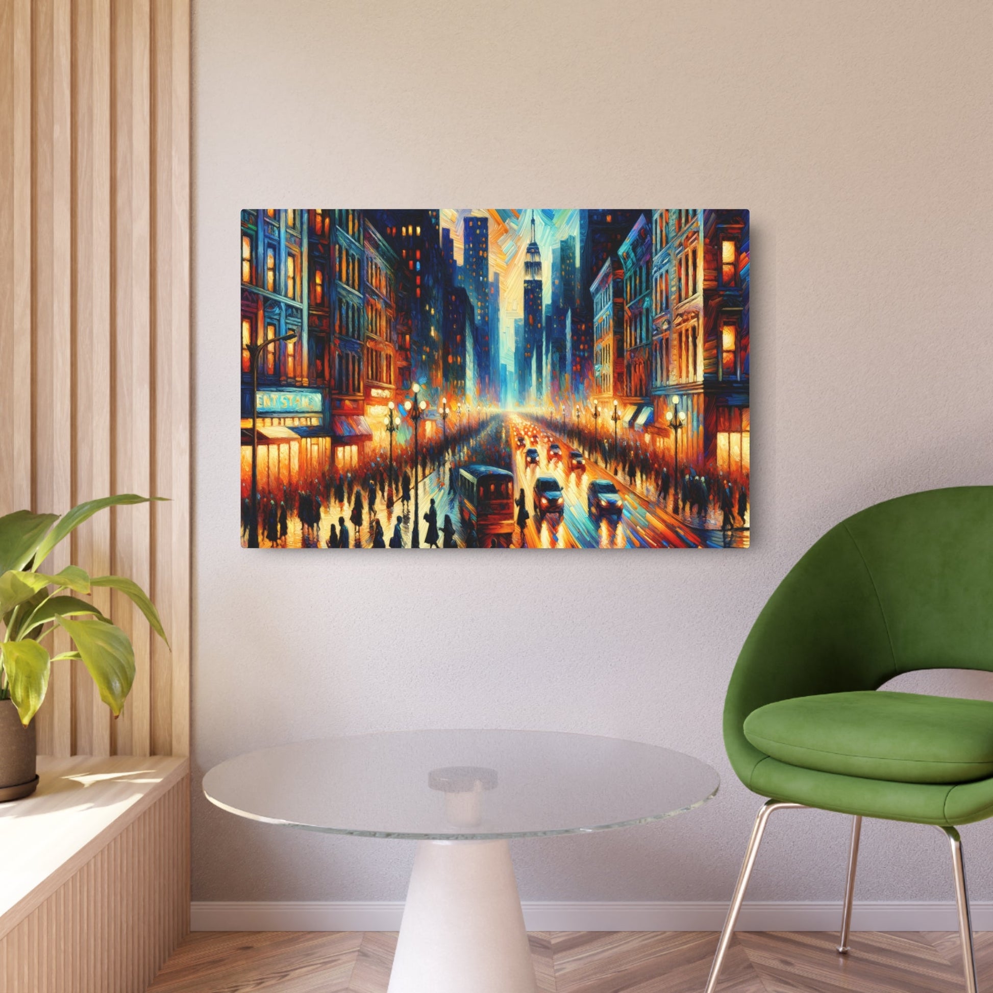 Metal Poster Art | "Expressionistic Western Art Style: Bustling Night City Street Scene - Expressionism Artwork" - Metal Poster Art 36″ x 24″ (Horizontal) 0.12''