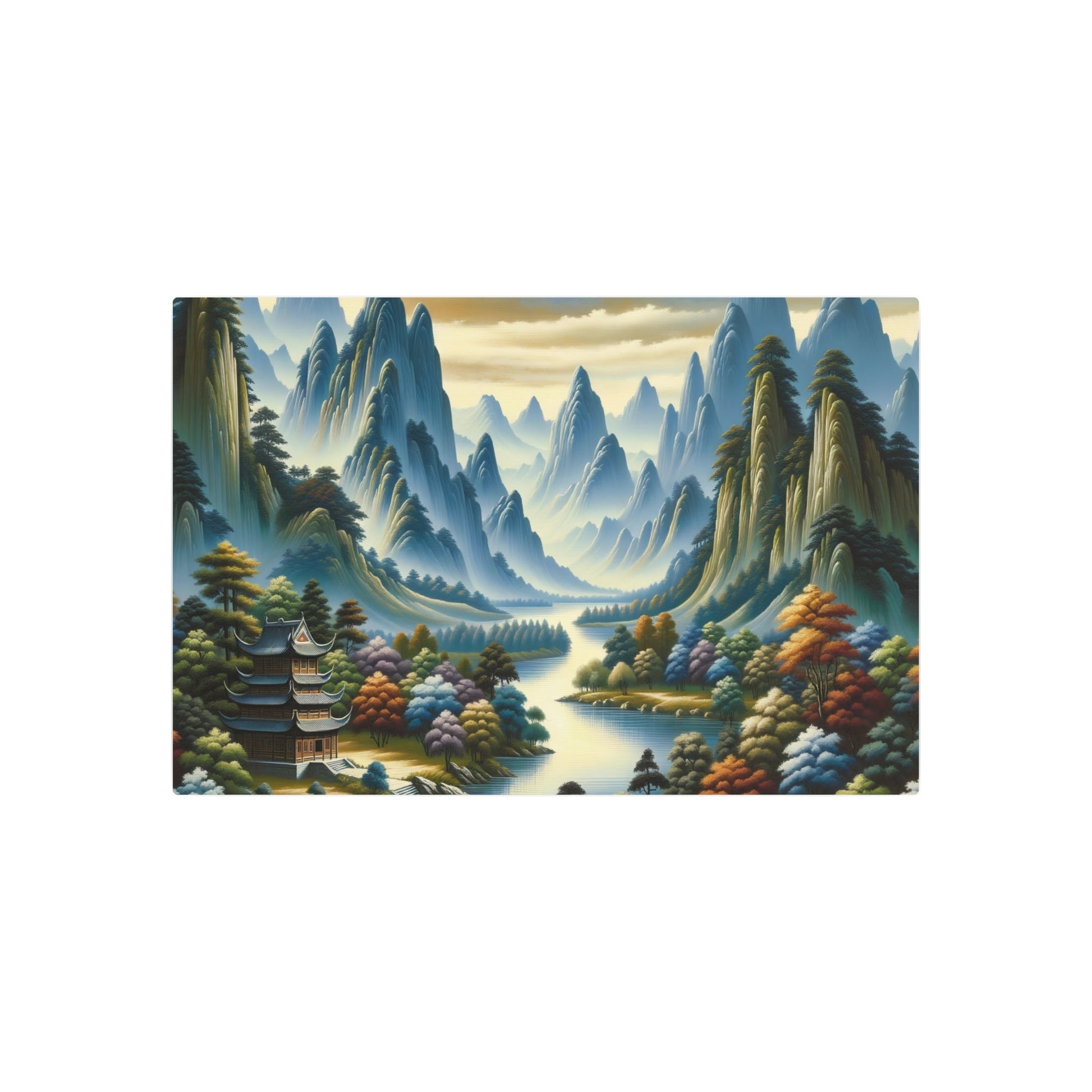 Metal Poster Art | "Traditional Chinese Landscape Art: Stunning Handmade Painting of Mountains, Rivers, Trees and Ancient Temple - Authentic Asian Art Styles Collection" - Metal Poster Art 36″ x 24″ (Horizontal) 0.12''