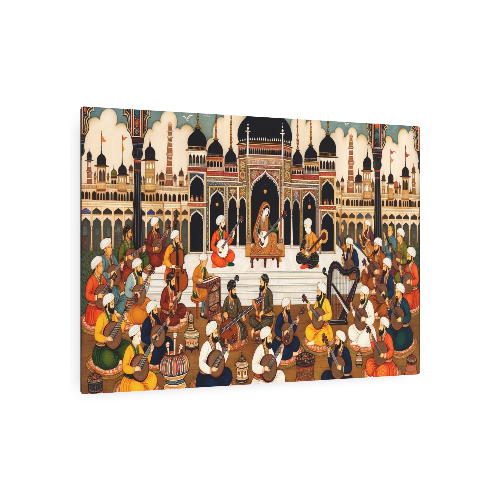 Metal Poster Art | "Mughal Miniature Style Art of Musicians Playing Traditional South Asian Instruments - Richly Colored and Intricately Detailed Non - Western Global Art - Metal Poster Art 36″ x 24″ (Horizontal) 0.12''