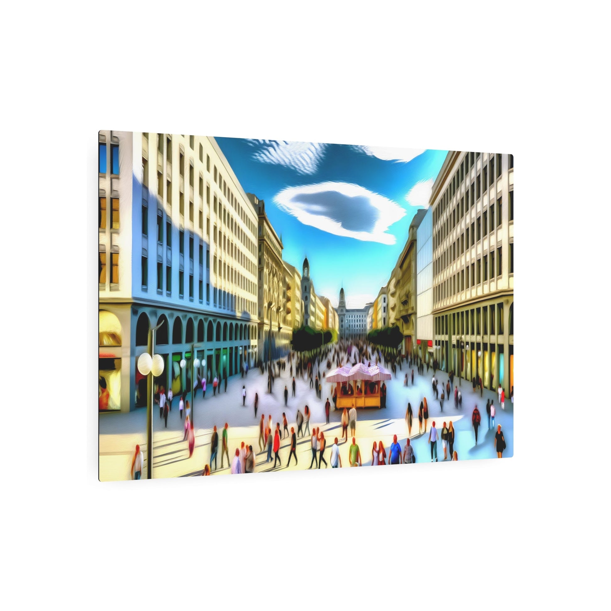 Metal Poster Art | "Realistic Western Art - Vibrant City Street Scene on a Sunny Afternoon, Blend of Modern and Classical Architecture - Realism Painting" - Metal Poster Art 36″ x 24″ (Horizontal) 0.12''