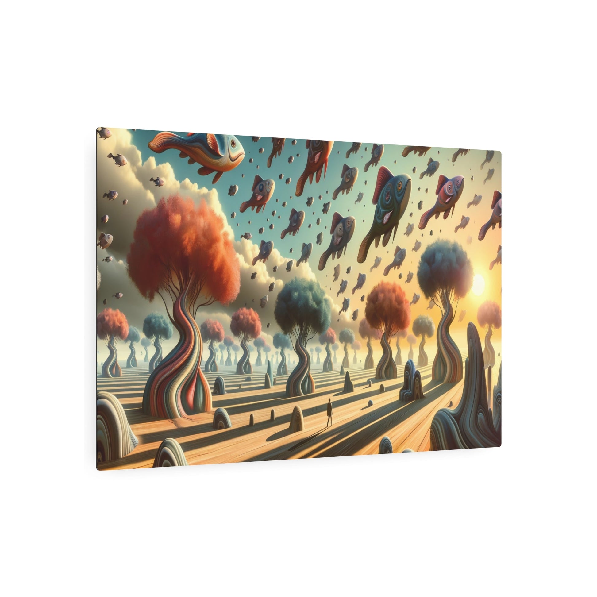 Metal Poster Art | "Modern Surrealistic Art - Dreamlike Landscape with Life - Size Creatures and Floating Fish Sky in Contemporary Surrealism Style" - Metal Poster Art 36″ x 24″ (Horizontal) 0.12''