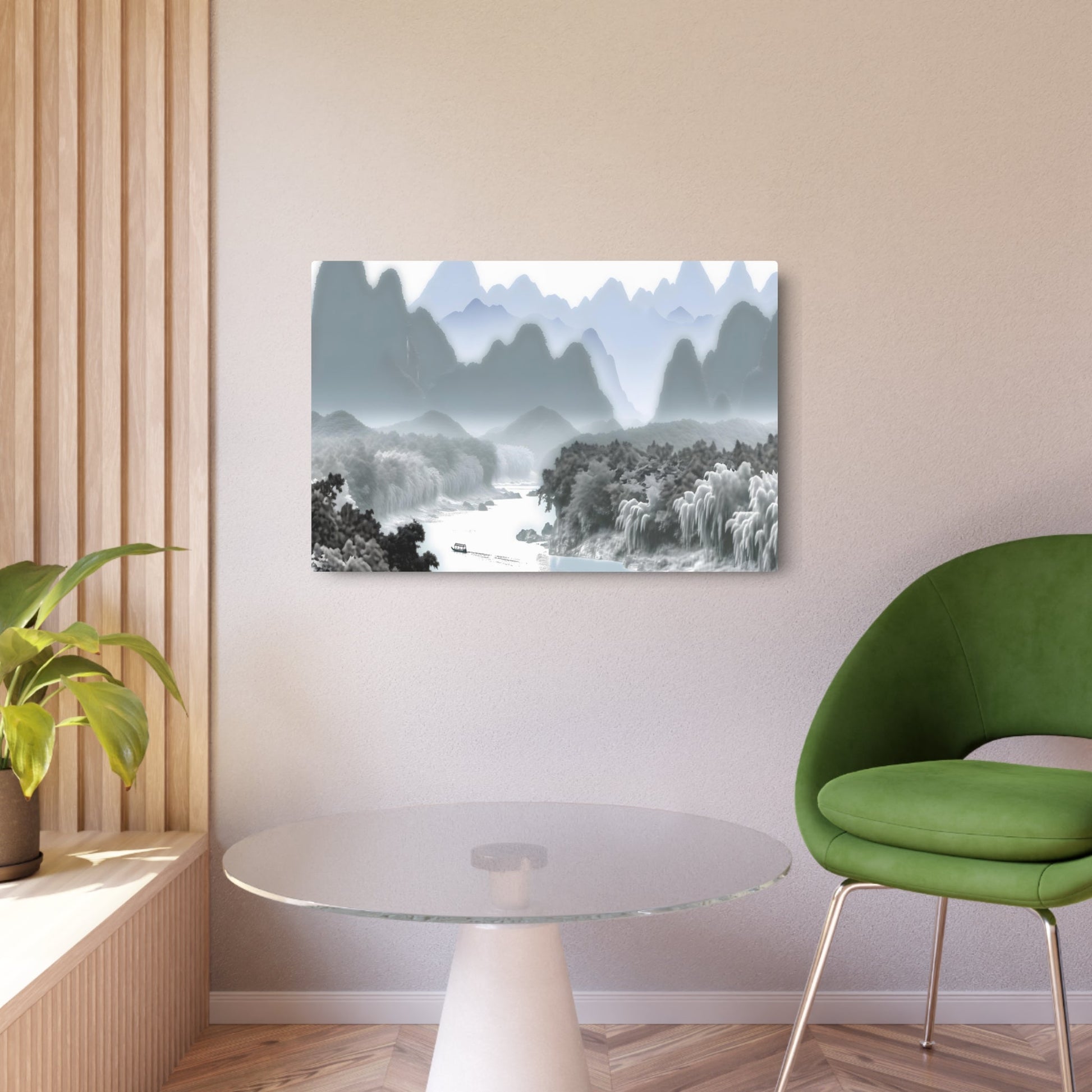 Metal Poster Art | "Traditional Chinese Landscape Painting with Mountains, Rivers, Trees & Small Boat - Asian Art Styles Collection" - Metal Poster Art 36″ x 24″ (Horizontal) 0.12''