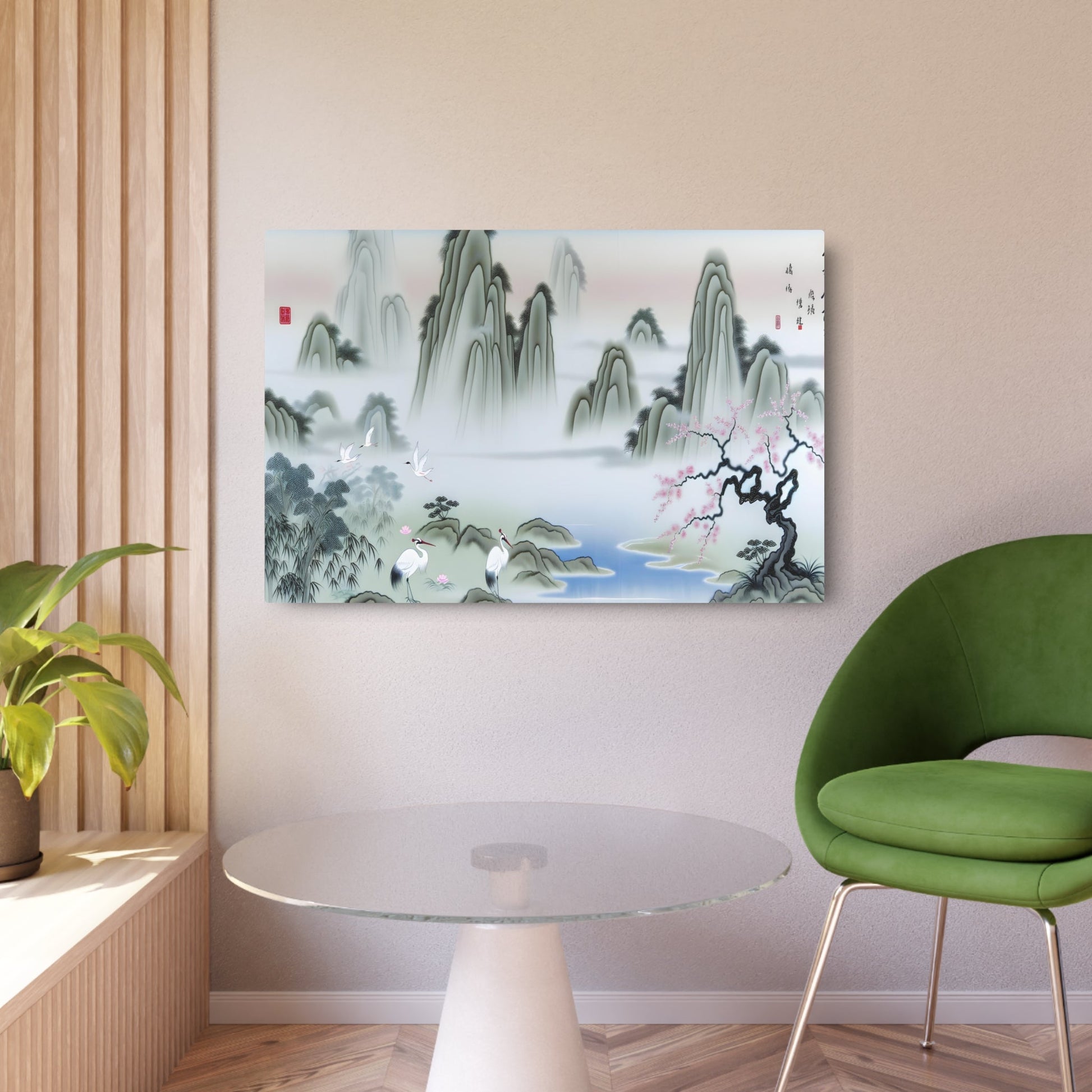 Metal Poster Art | "Traditional Chinese Silk Painting of Serene Landscape with White Cranes, Cherry Blossom Tree & Misty Mountains - Asian Art Styles" - Metal Poster Art 36″ x 24″ (Horizontal) 0.12''