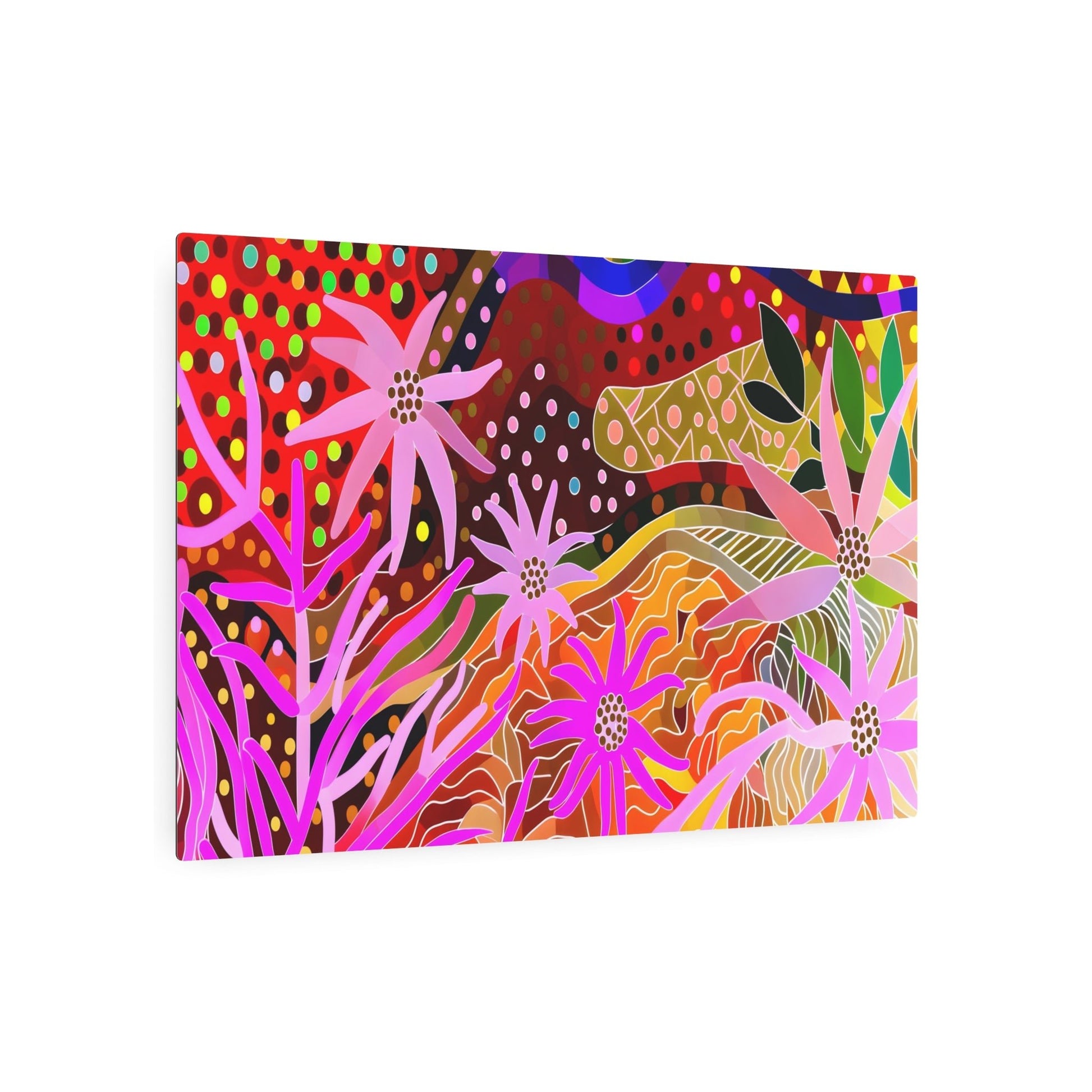 Metal Poster Art | "Vibrant Australian Aboriginal Art - Dreamtime Scene with Wildflowers, Geometric Shapes, Curved Forms in Bold Colors - Non-Western Global - Metal Poster Art 36″ x 24″ (Horizontal) 0.12''