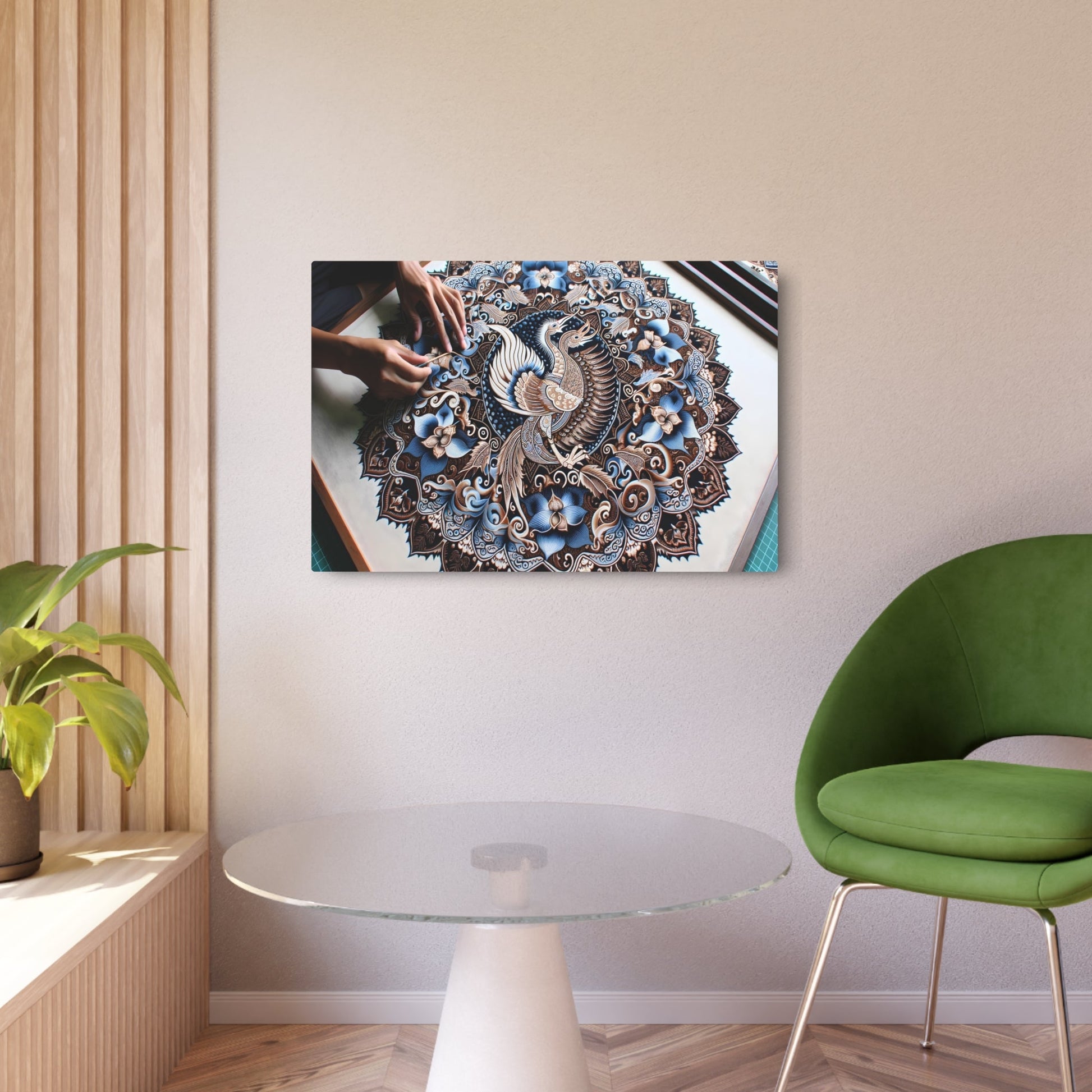 Metal Poster Art | "Indonesian Batik - Inspired Intricate Artwork with Traditional Symbols in Deep Indigo and Brown - Non - Western & Global Styles Art - Metal Poster Art 36″ x 24″ (Horizontal) 0.12''