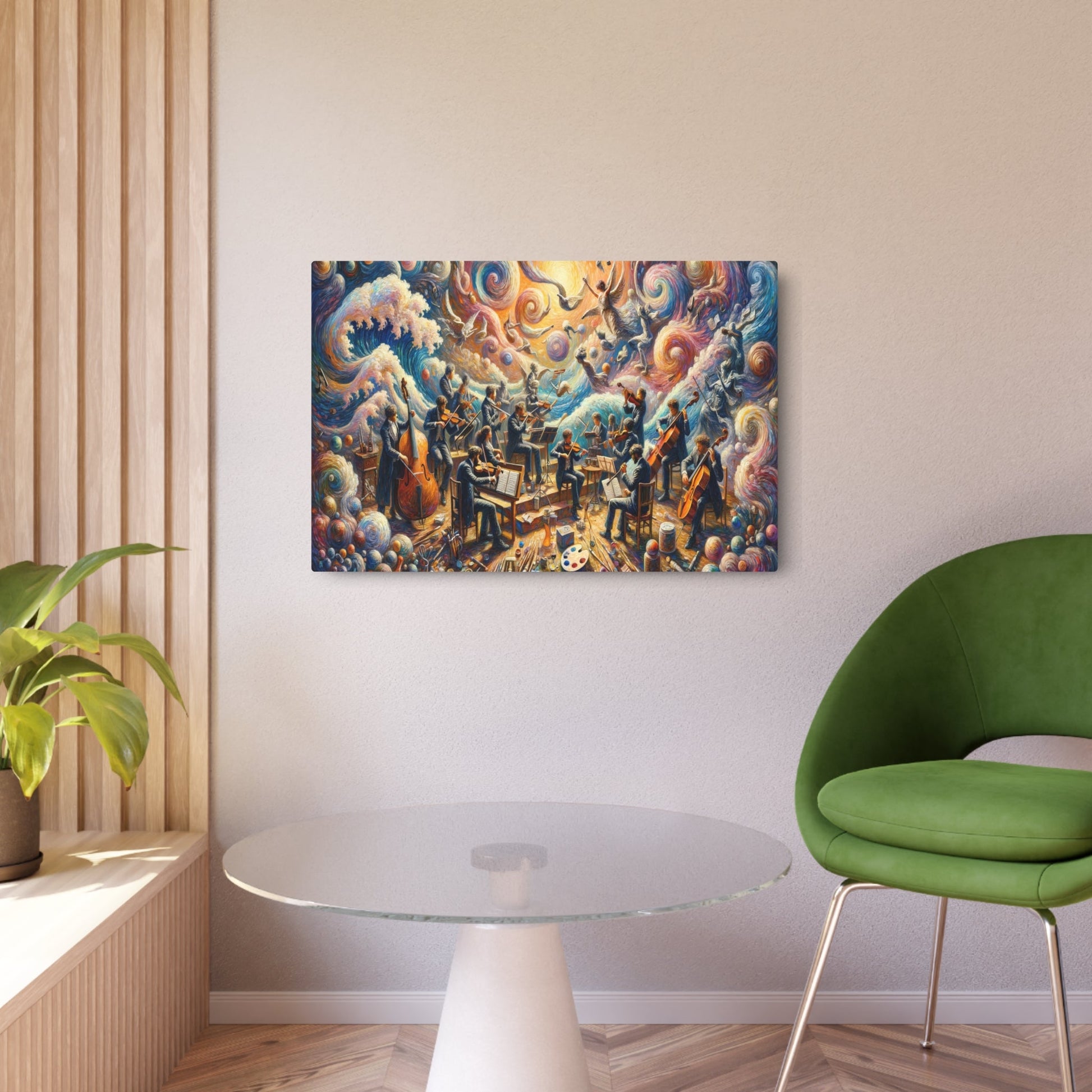 Metal Poster Art | "Post - Impressionistic Harmony: Vivid Fusion of Art and Music in Western Styles - Musicians, Classical Instruments, Painting & Sculpting Tools - Metal Poster Art 36″ x 24″ (Horizontal) 0.12''