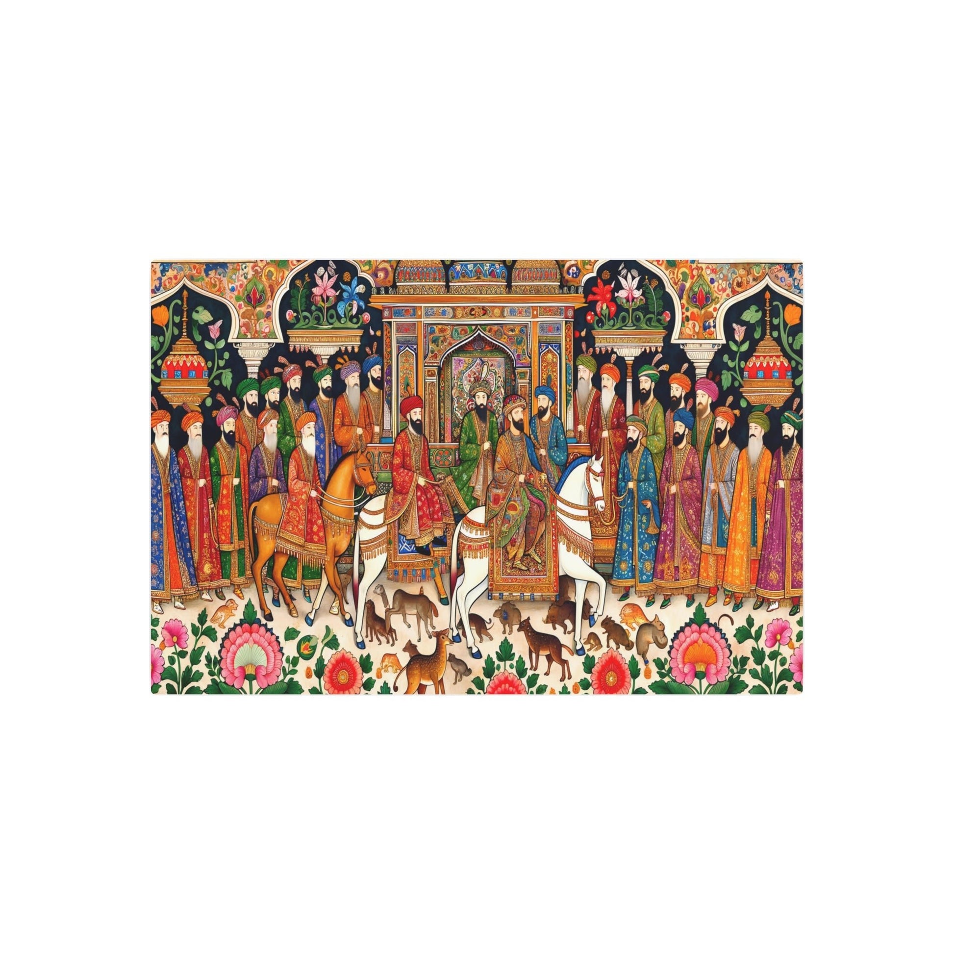 Metal Poster Art | "Mughal Miniature Art Rendering: Regal Figures, Vibrant Patterns & Exotic Animals – South Asian Non - Western Global Styles" - Metal Poster Art 36″ x 24″ (Horizontal) 0.12''