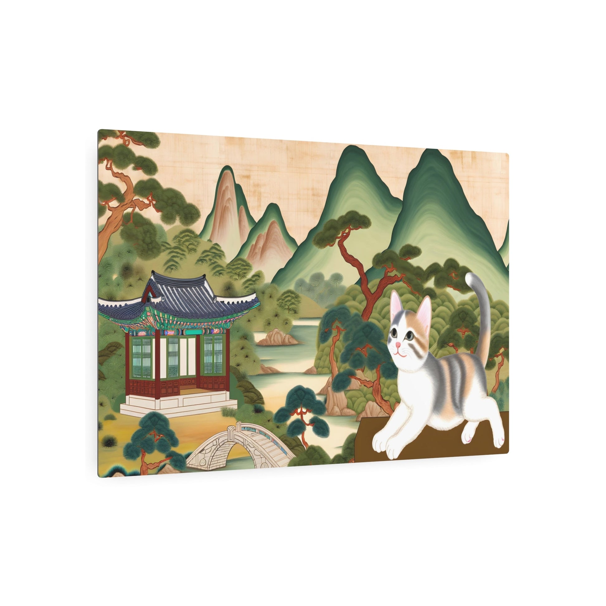 Metal Poster Art | "Playful Cat in Traditional Joseon Dynasty Scenery - Classic Korean Asian Art Style Painting" - Metal Poster Art 36″ x 24″ (Horizontal) 0.12''