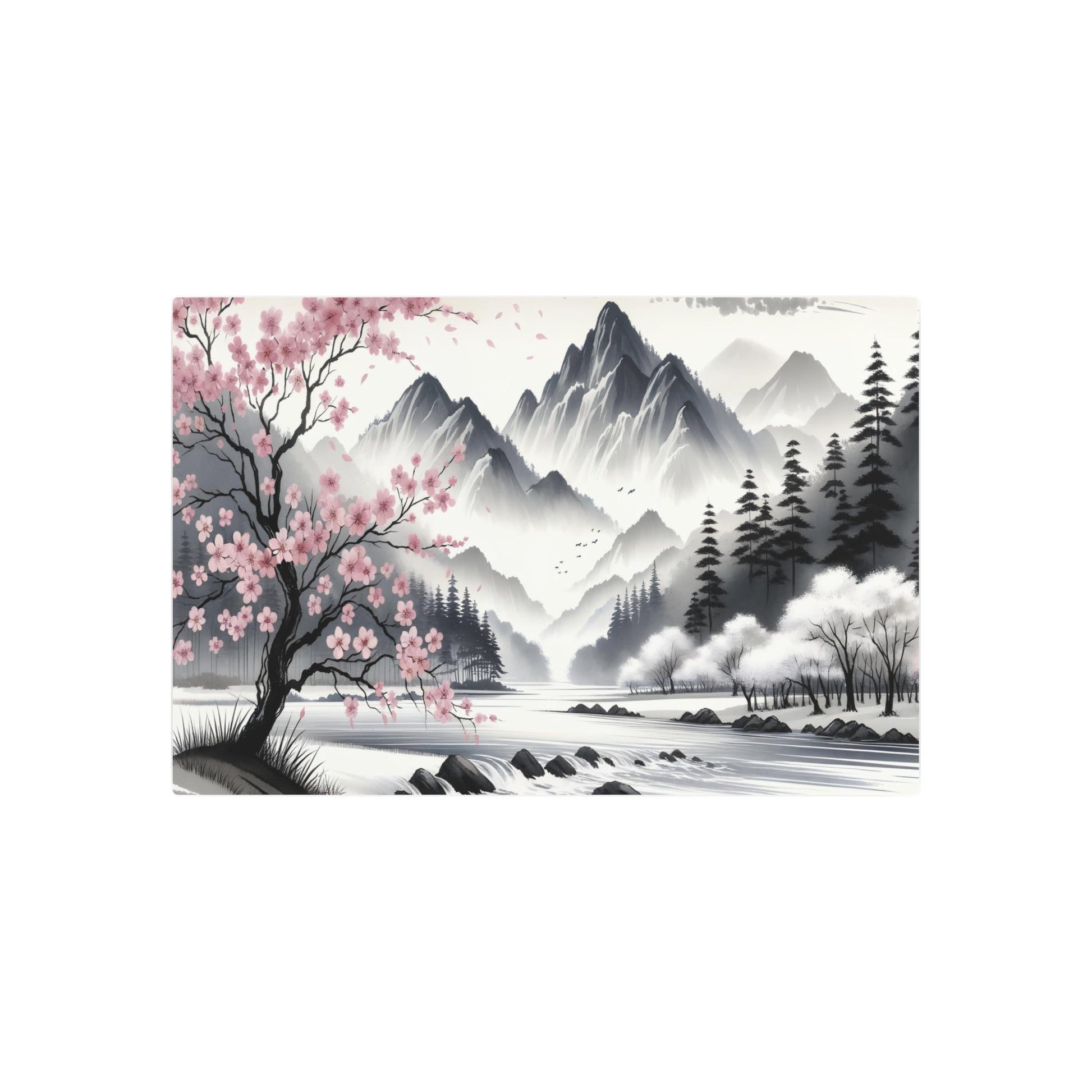 Metal Poster Art | "Japanese Sumi - e Ink Wash Painting - Tranquil Landscape with Mountains, Flowing River and Cherry Blossom Trees - Asian Art Styles Collection" - Metal Poster Art 36″ x 24″ (Horizontal) 0.12''