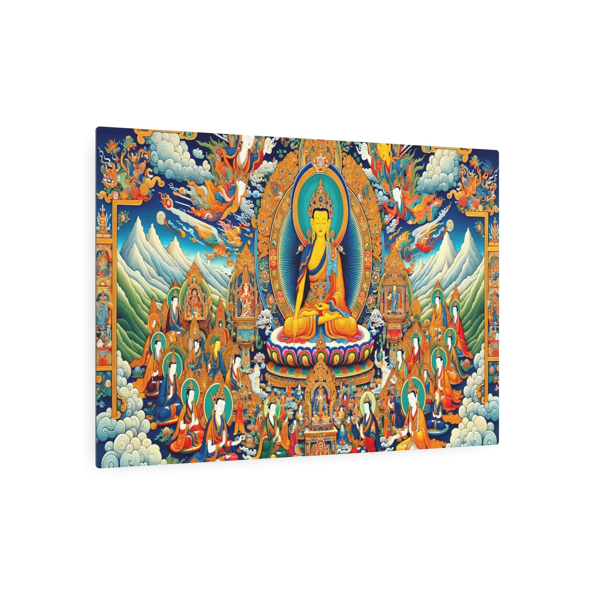 Metal Poster Art | "Authentic Tibetan Thangka Painting: Vibrant Asian Art Style Illustrating Intricate Details and Spiritual Themes of Buddhist Deities and Scenes from Buddha - Metal Poster Art 36″ x 24″ (Horizontal) 0.12''