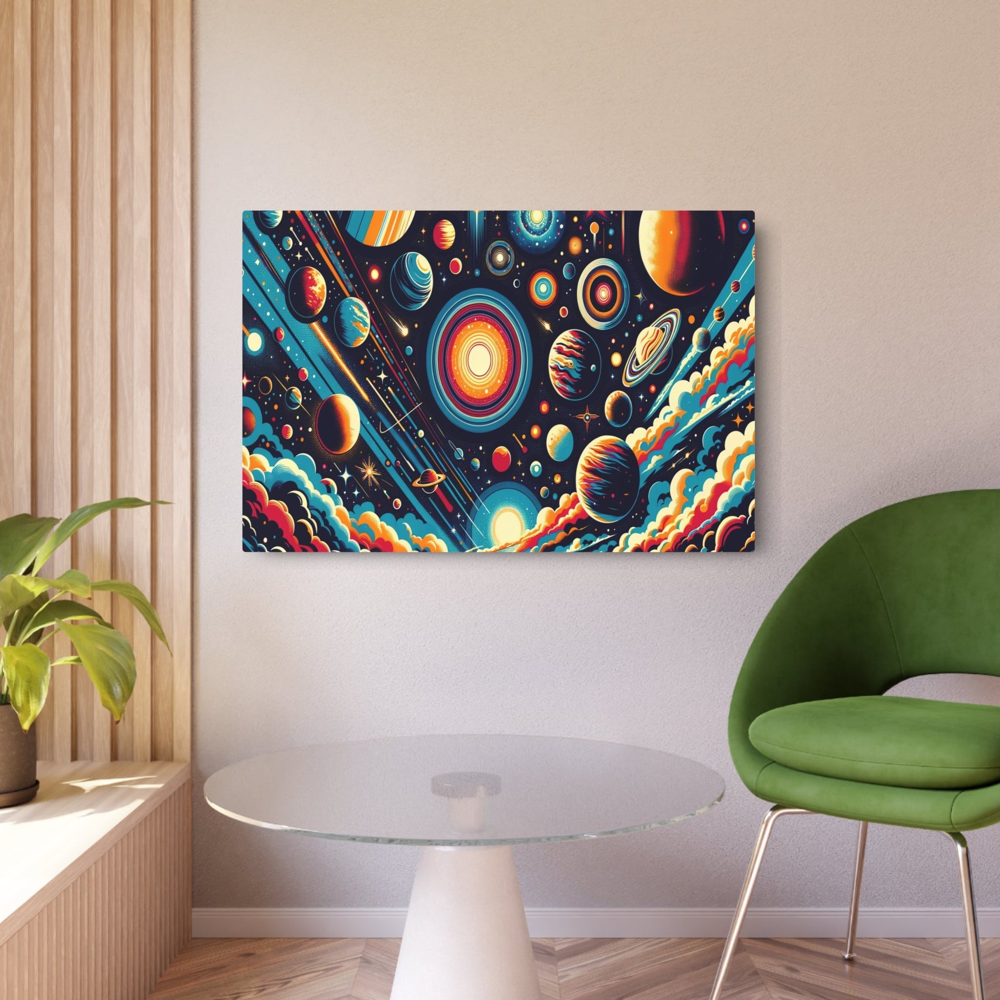 Metal Poster Art | "Pop Art Style Celestial Bodies & Outer Space Image - Vibrant Modern Contemporary Wall Art" - Metal Poster Art 36″ x 24″ (Horizontal) 0.12''