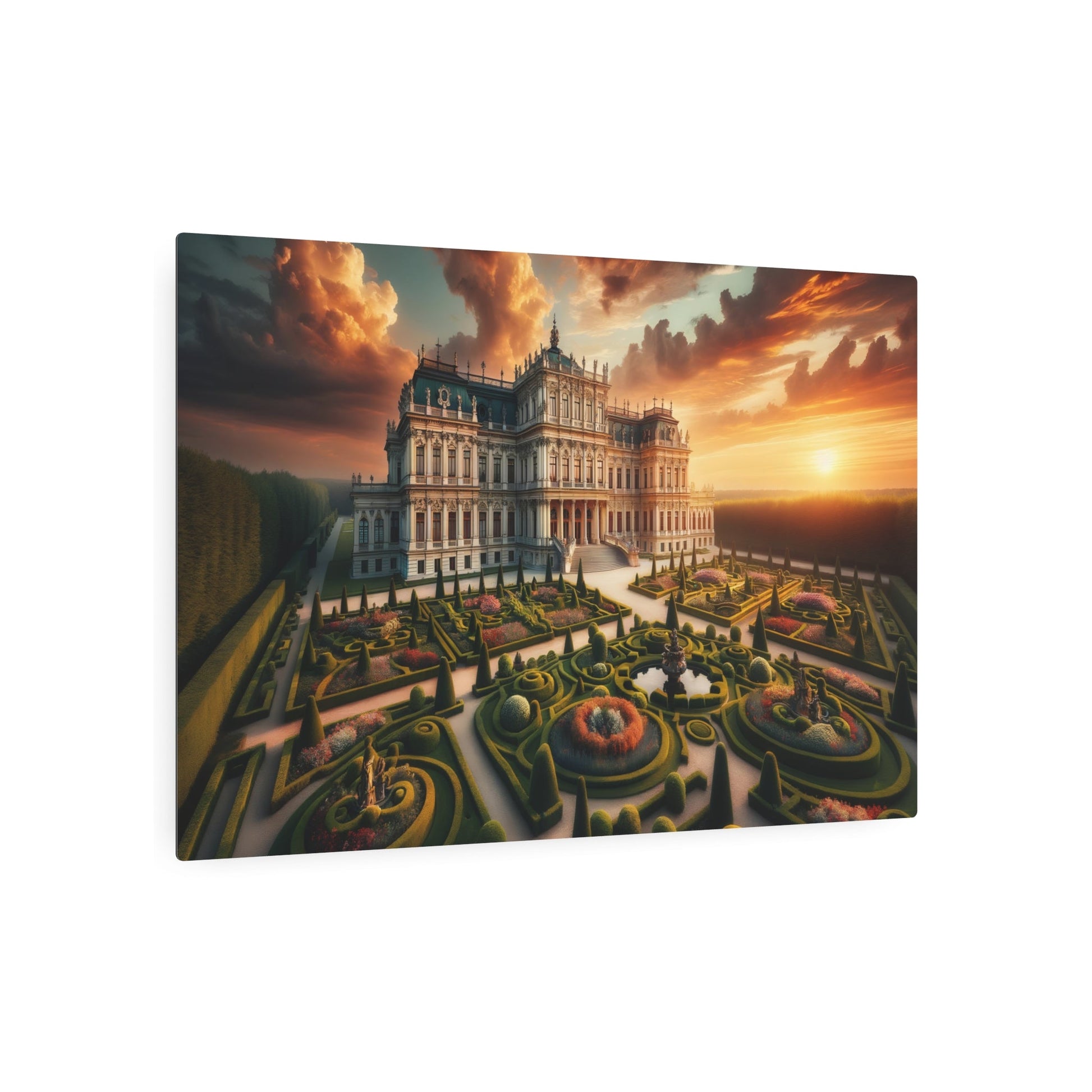 Metal Poster Art | "Baroque - Style Palace at Sunset - Western Art Styles, Grand Architectural Details and Lush Ornamental Gardens in Baroque Art" - Metal Poster Art 36″ x 24″ (Horizontal) 0.12''