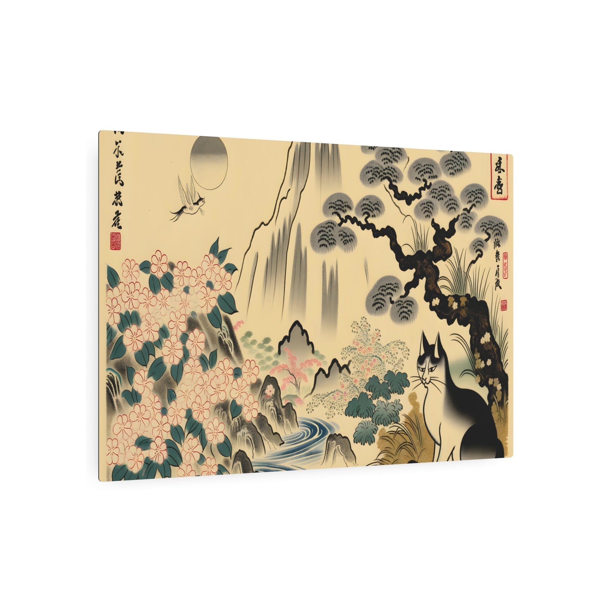 Metal Poster Art | "Kano School Inspired Japanese Artwork - Asian Art Styles Featuring a Cat as the Main Subject" - Metal Poster Art 36″ x 24″ (Horizontal) 0.12''