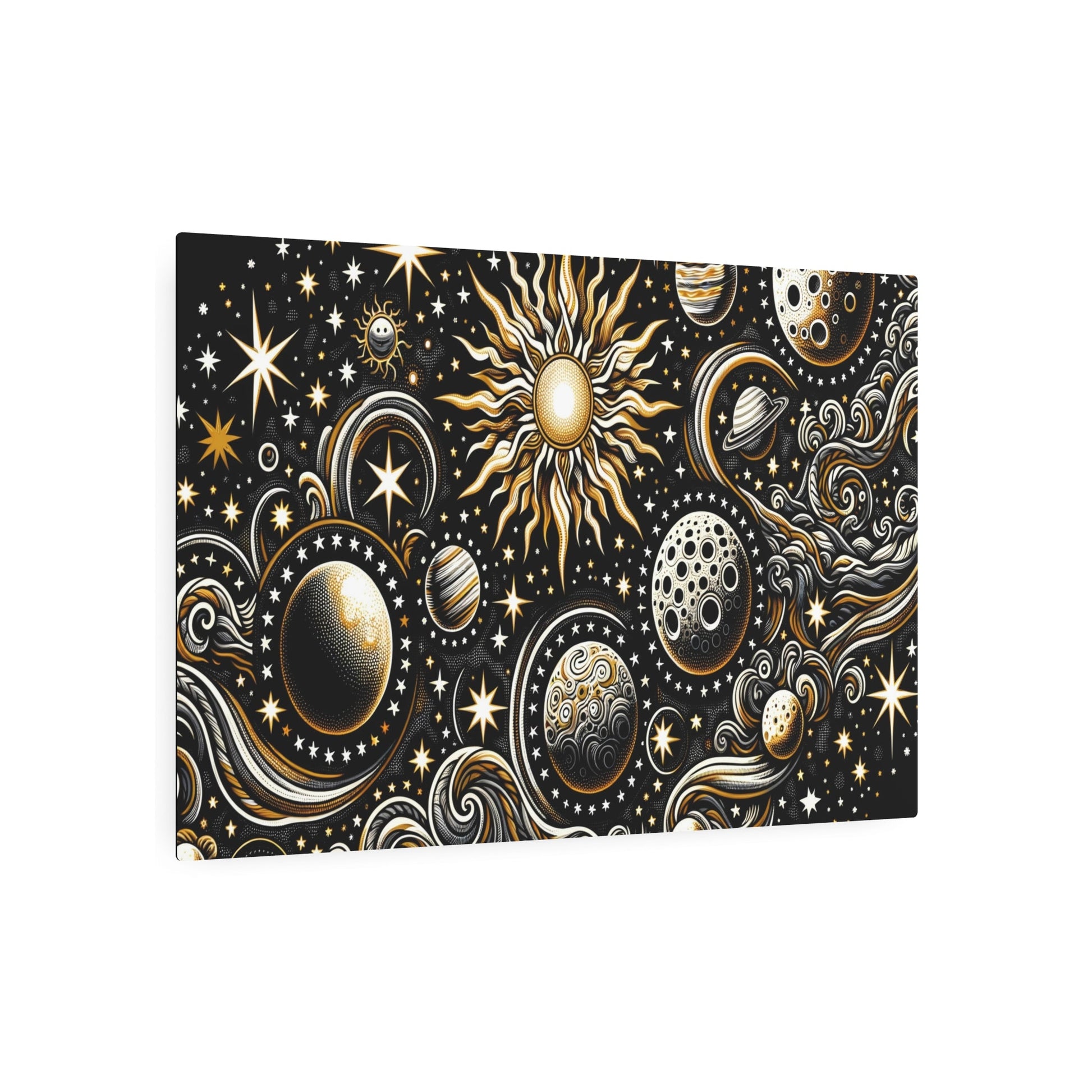 Metal Poster Art | "Indonesian Batik Artwork with Celestial Bodies - Handcrafted Sun, Moon, Stars and Planets Design in Non - Western & Global - Metal Poster Art 36″ x 24″ (Horizontal) 0.12''