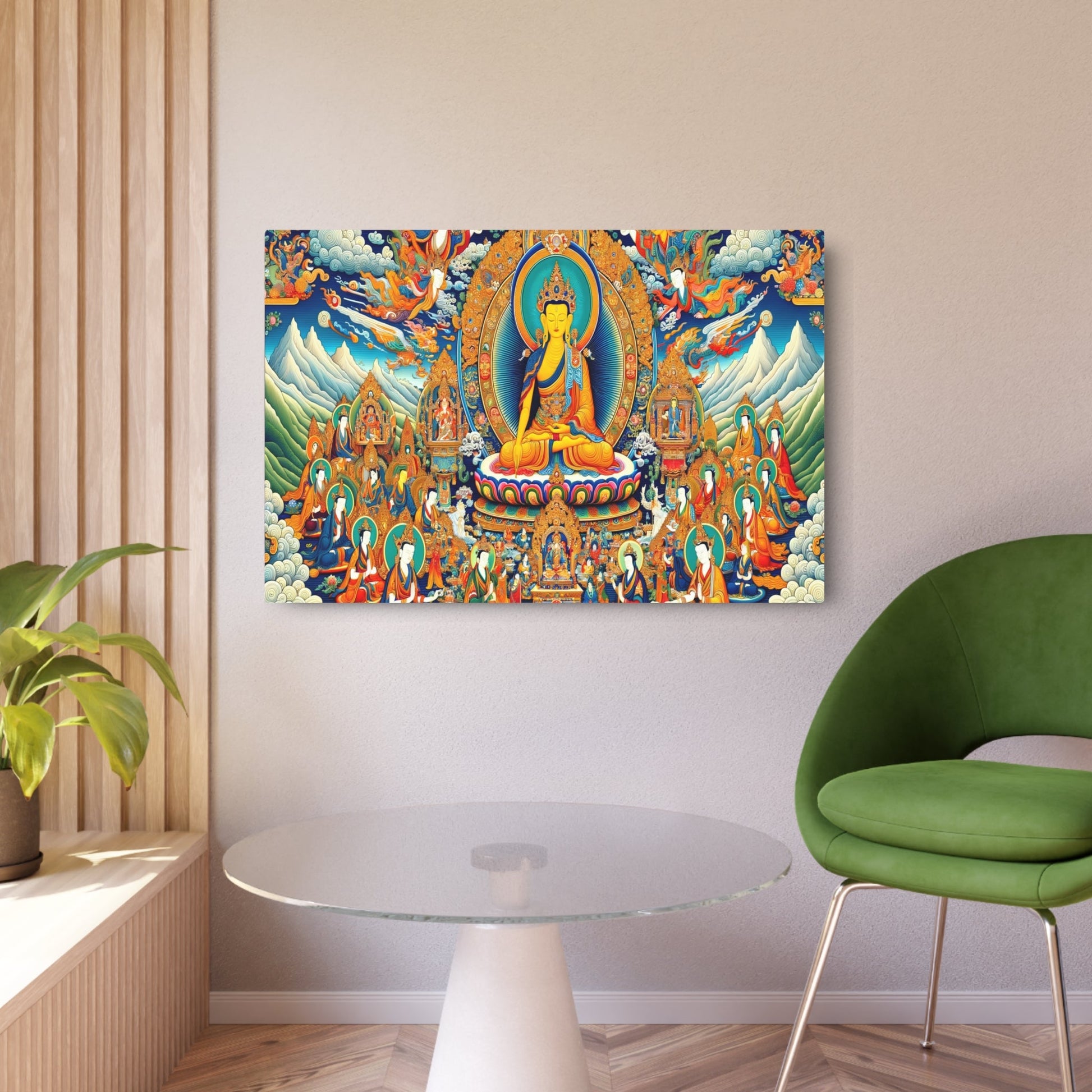 Metal Poster Art | "Authentic Tibetan Thangka Painting: Vibrant Asian Art Style Illustrating Intricate Details and Spiritual Themes of Buddhist Deities and Scenes from Buddha - Metal Poster Art 36″ x 24″ (Horizontal) 0.12''