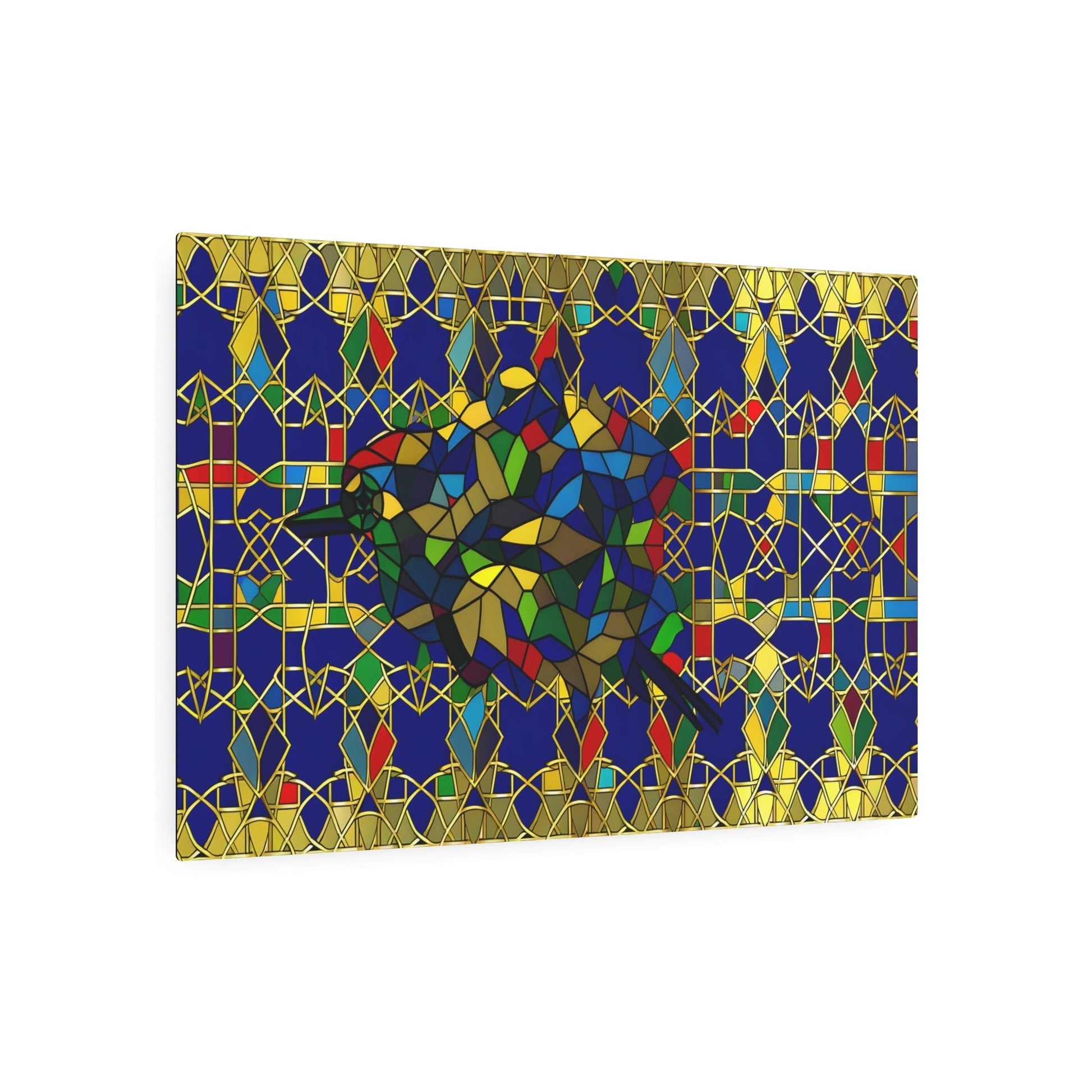 Metal Poster Art | "Islamic Art Inspired Bird Design - Vibrant Geometric Pattern in Luxurious Gold, Sapphire Blues, Emerald Greens & Ruby Reds - Non-Western - Metal Poster Art 36″ x 24″ (Horizontal) 0.12''