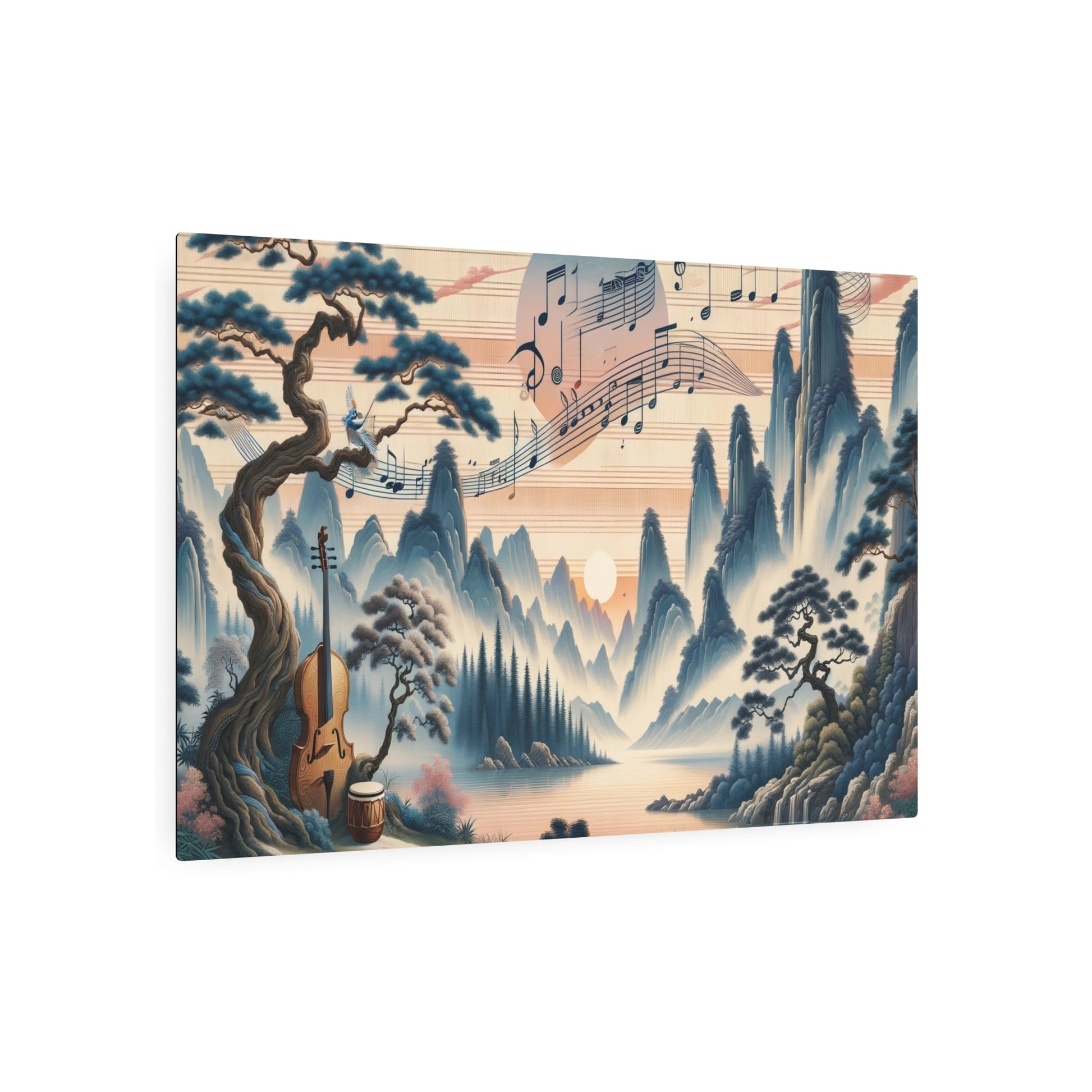 Metal Poster Art | "Symphony of Tranquility: Traditional Chinese Landscape Painting Inspired by Music and Art in Soothing Colors - Asian Art Styles, Chinese Landscape Sub - Metal Poster Art 36″ x 24″ (Horizontal) 0.12''