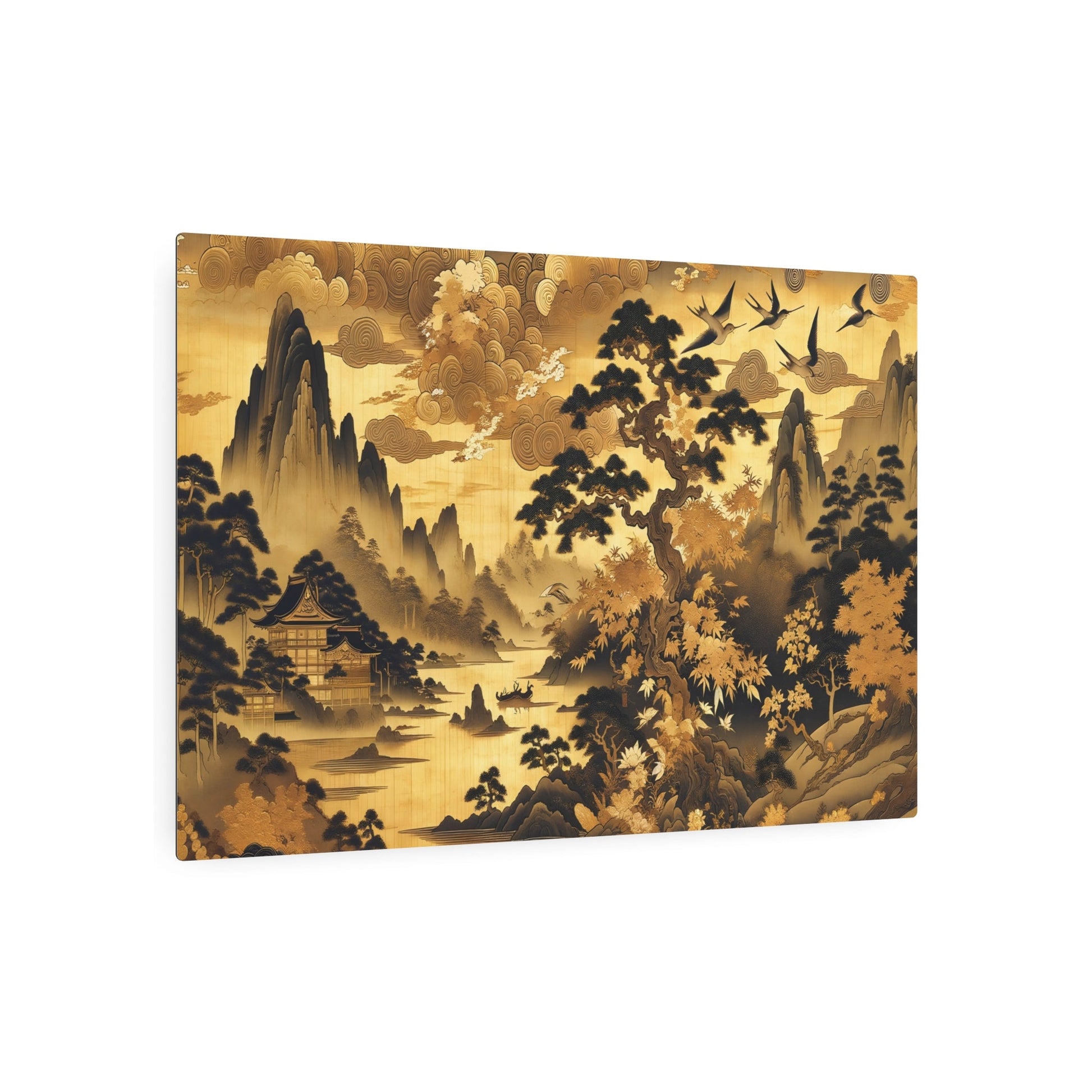 Metal Poster Art | "Exquisite Kano School Japanese Art Print - Asian Art Styles Collection - Featuring Golden Clouds, Landscapes, Birds & Animals with Rich Mon - Metal Poster Art 36″ x 24″ (Horizontal) 0.12''