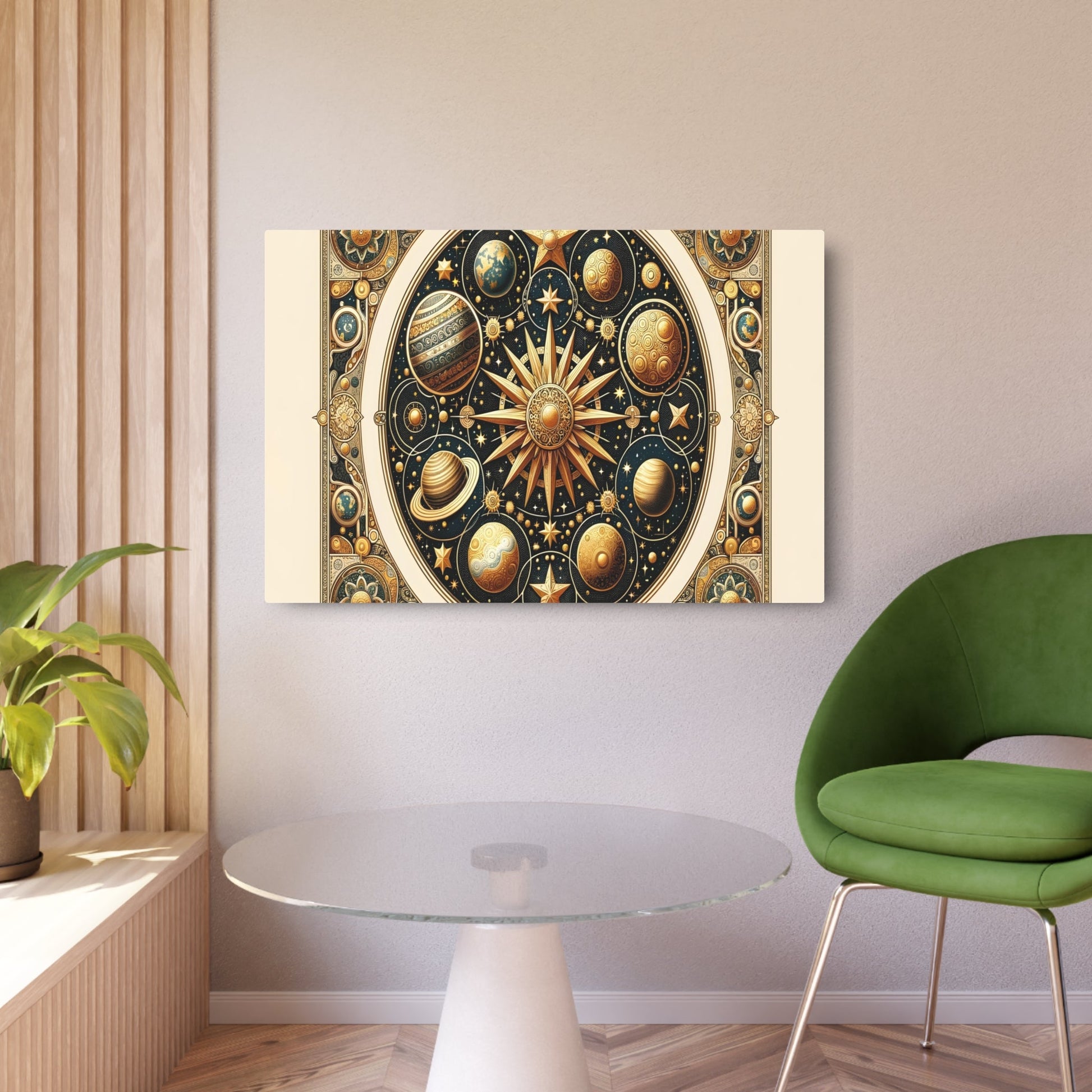 Metal Poster Art | "Byzantine - Style Celestial Body Art Piece with Gold Stars and Intricate Planetary Details - Non - Western & Global Art Styles" - Metal Poster Art 36″ x 24″ (Horizontal) 0.12''