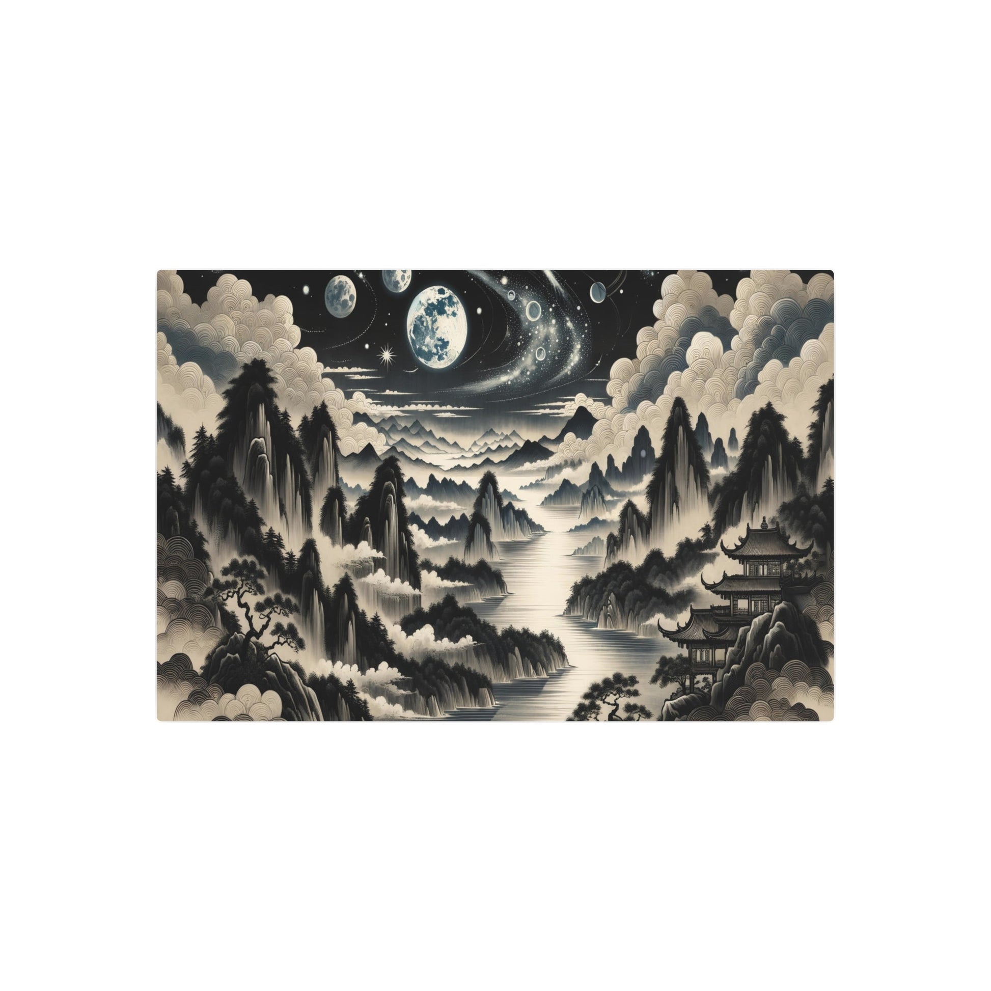 Metal Poster Art | "Traditional Chinese Brush Painting of Celestial Landscape in Asian Art Styles - Featuring Moon, Stars, & Planets" - Metal Poster Art 36″ x 24″ (Horizontal) 0.12''