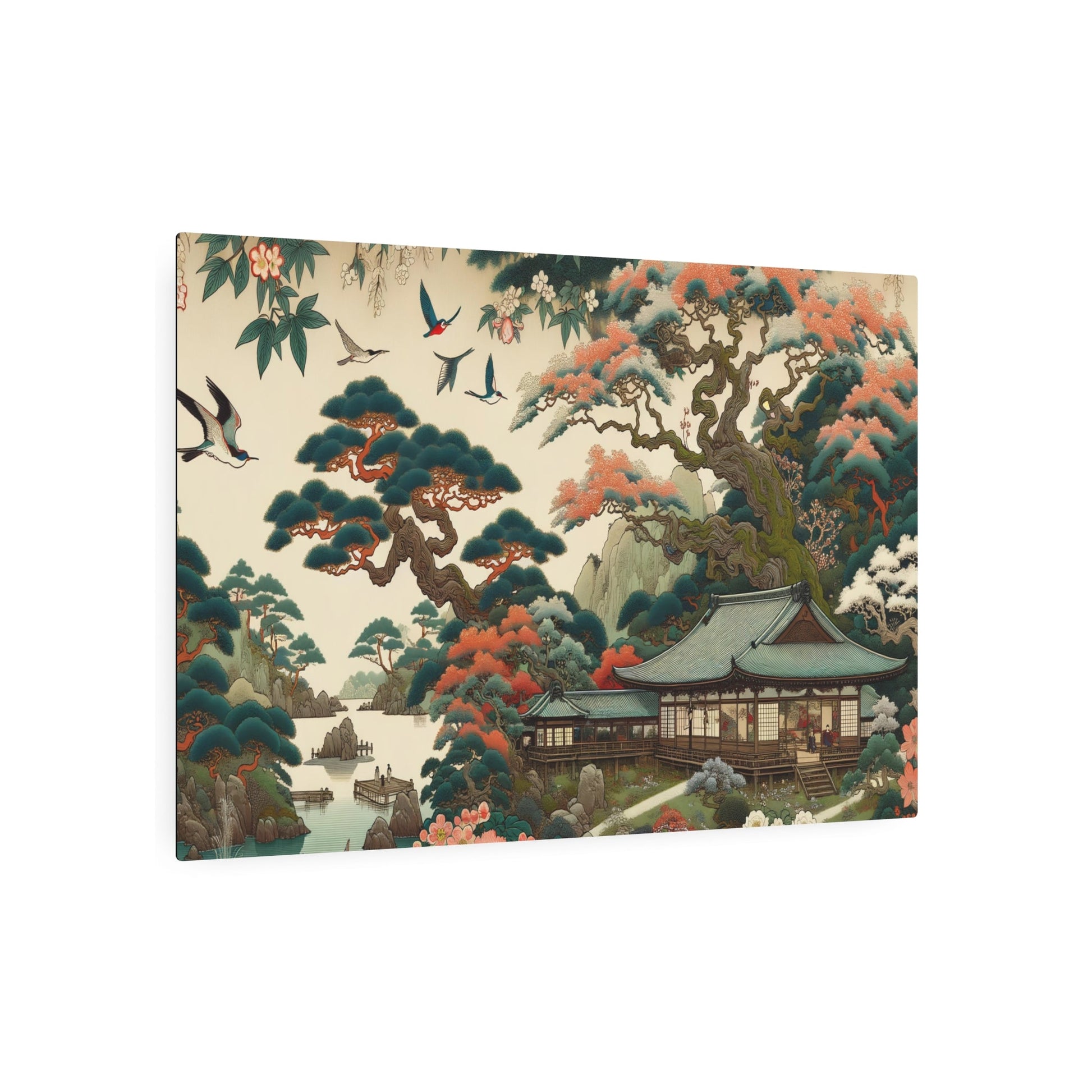 Metal Poster Art | "Kano School Inspired Asian Artwork: Japanese - Chinese Fusion with Bright Colors, Intricate Lines, and Natural Themes - Birds, Flowers & Land - Metal Poster Art 36″ x 24″ (Horizontal) 0.12''